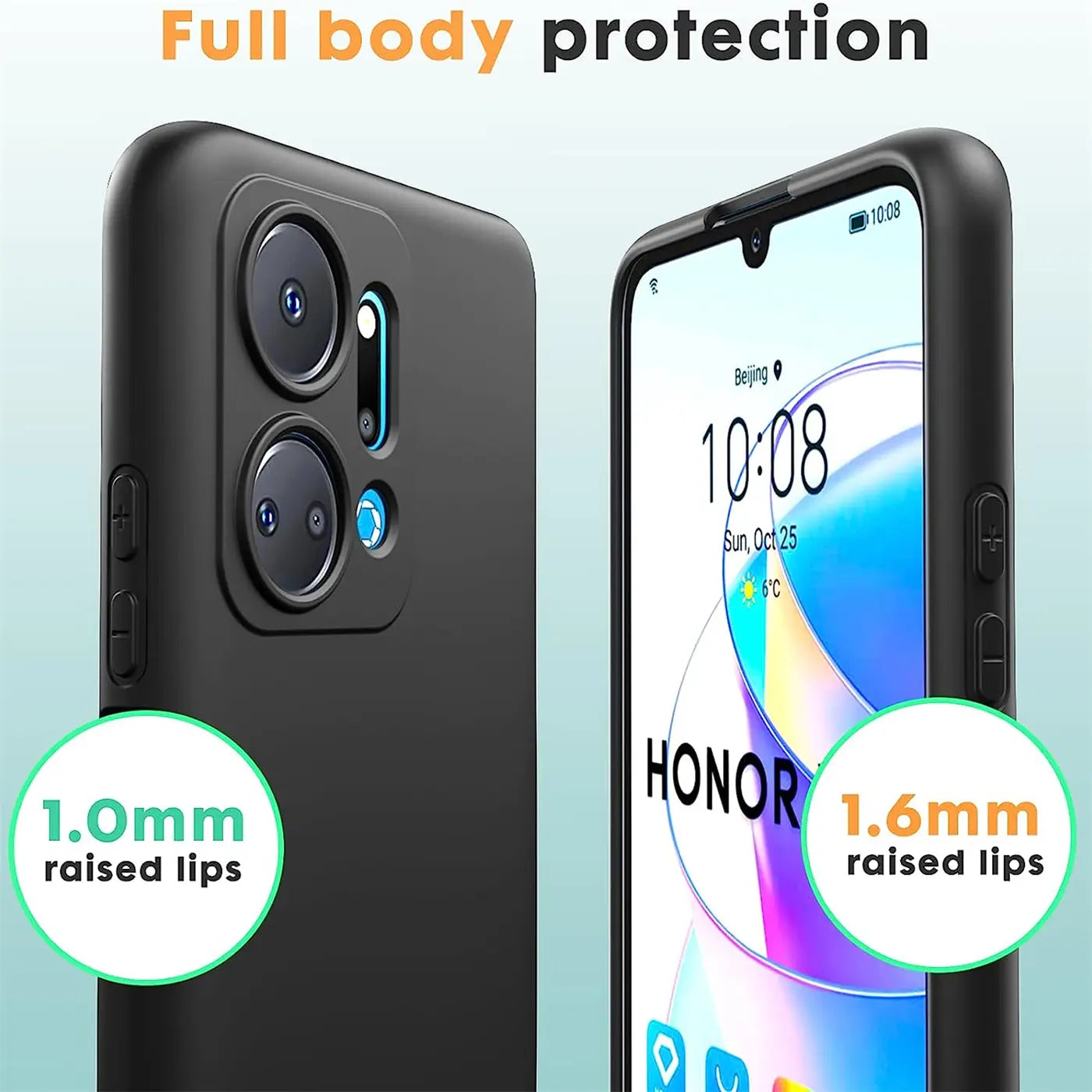 Schwarze Silikonhülle für Honor X7a, Rückseite und Vorderseite aus leichtem Winkel gezeigt.