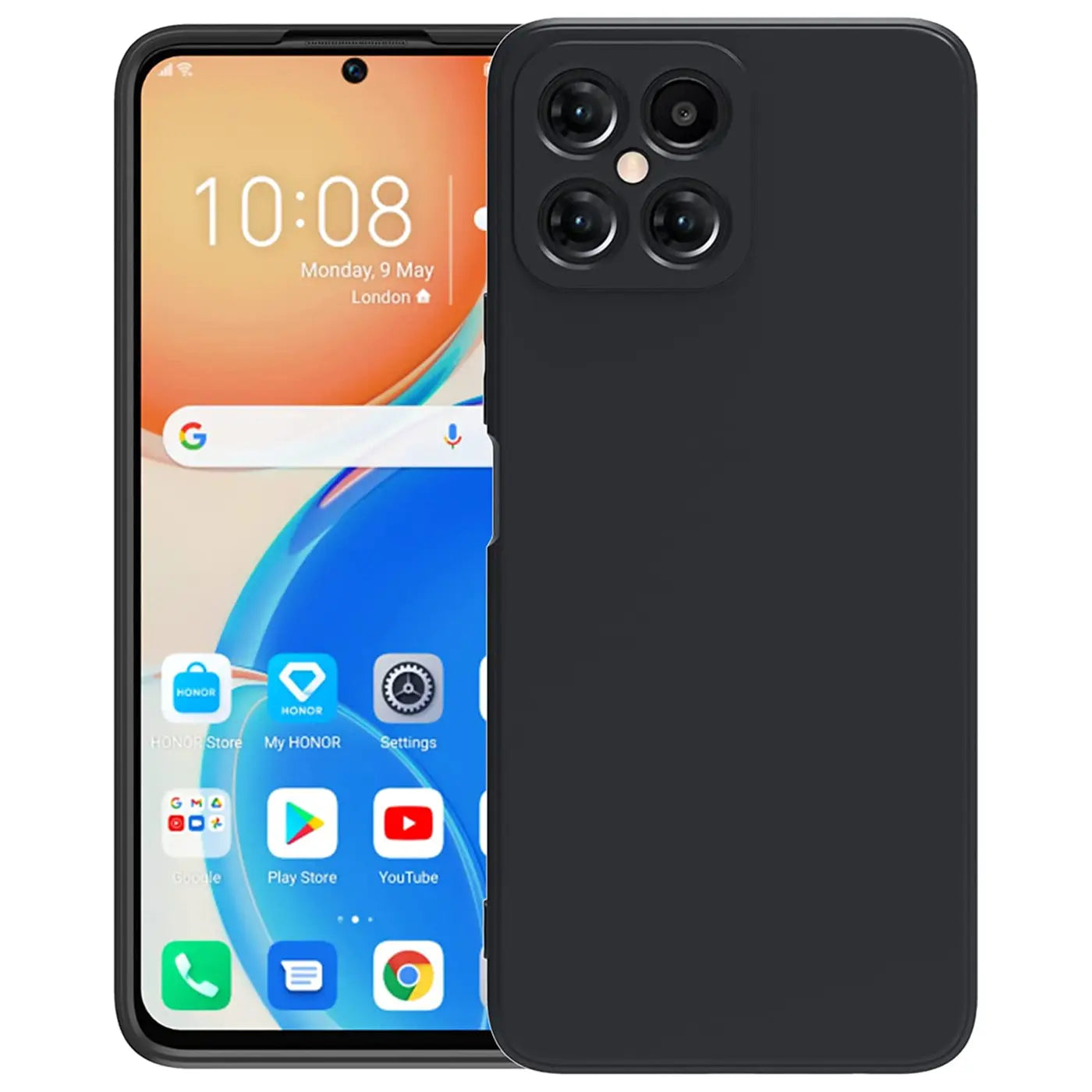 Schwarze Silikonhülle auf Honor X8, von vorne und leicht schräg