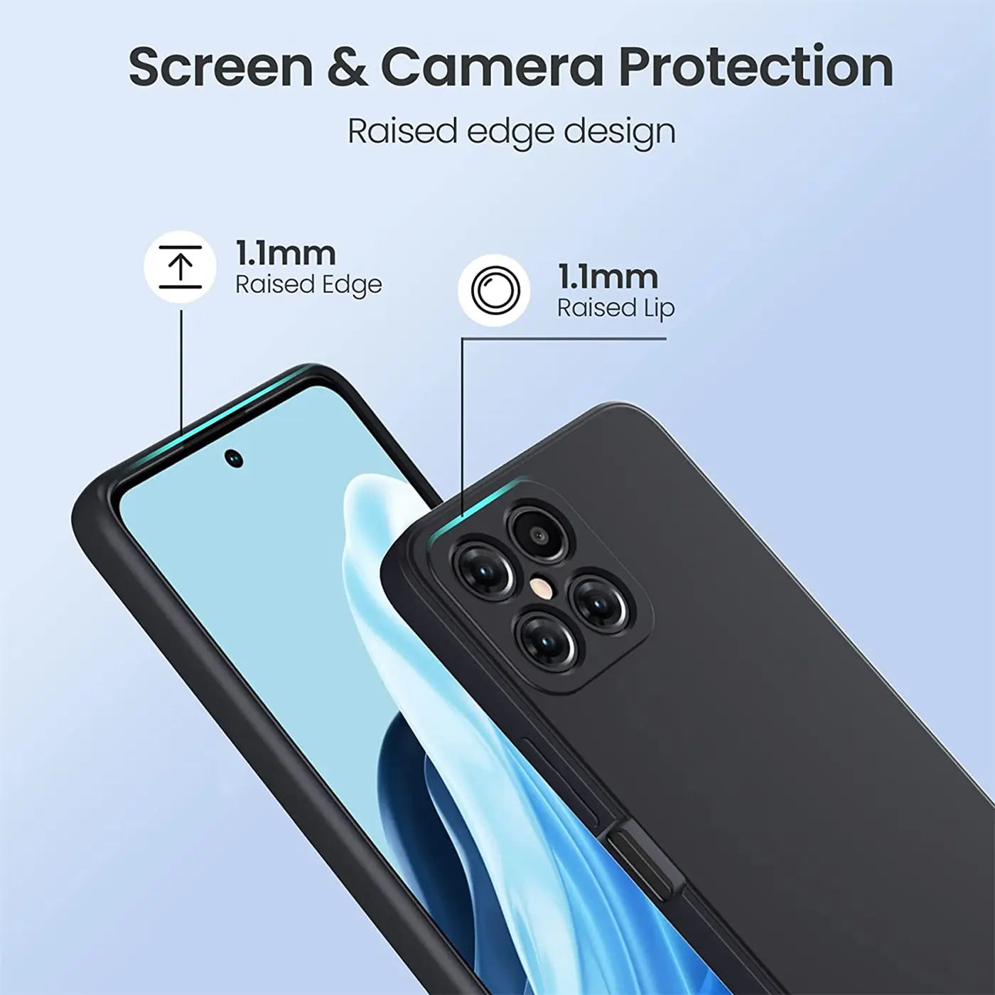 Schwarze Silikonhülle für Honor X8, von schräg oben, zeigt erhöhte Kanten.