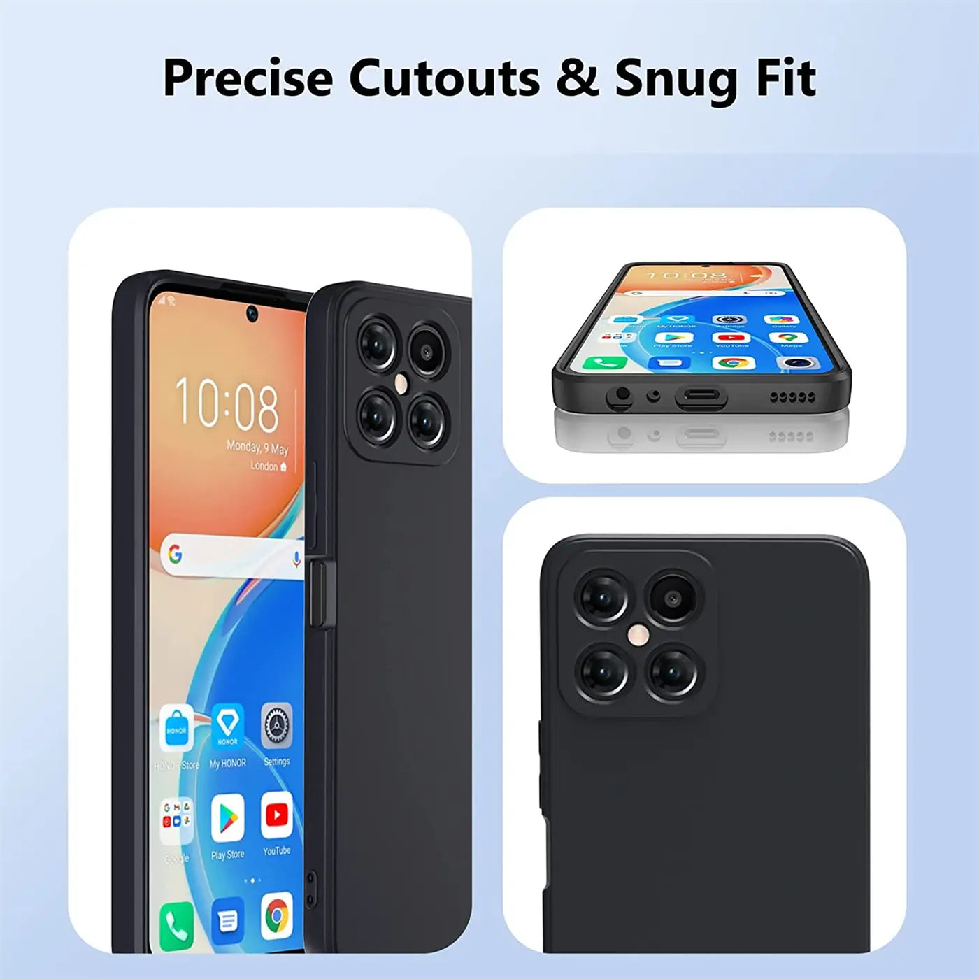 Schwarze Silikonhülle für Honor X8, matt, von vorne und hinten gezeigt.