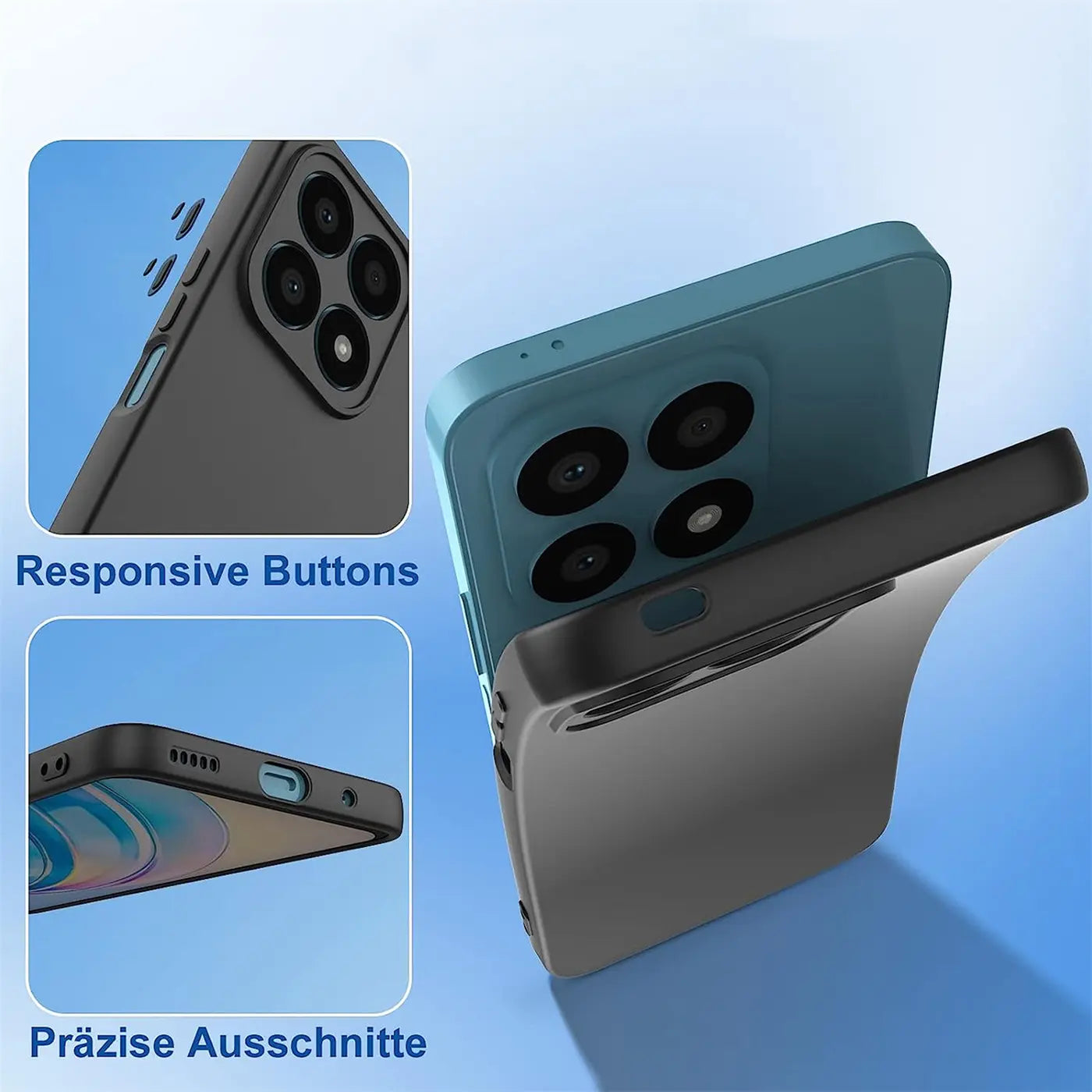 Schwarze Silikonhülle wird auf ein blaues Honor X8a aufgesetzt. Nahaufnahmen zeigen Knöpfe und Anschlüsse.