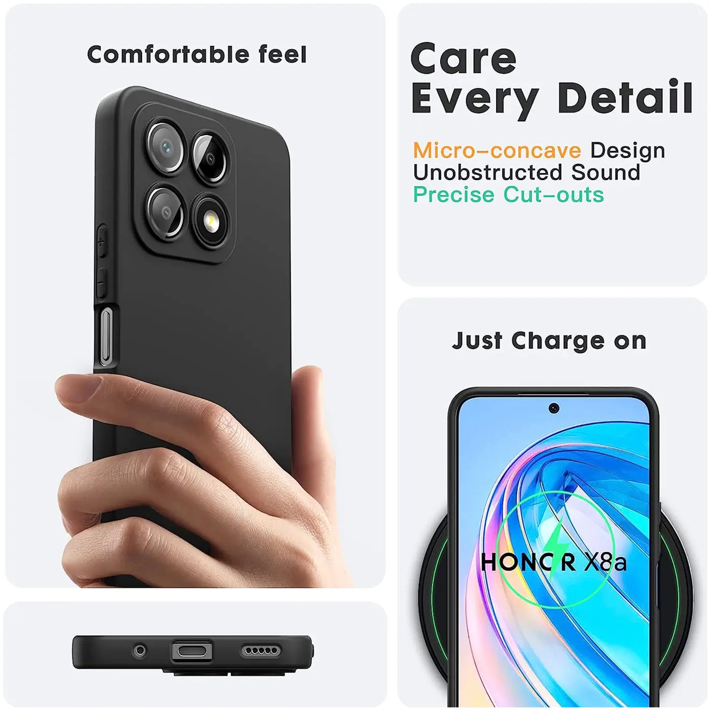 Schwarze matte Silikonhülle für Honor X8a, von hinten gezeigt, Hand hält Hülle