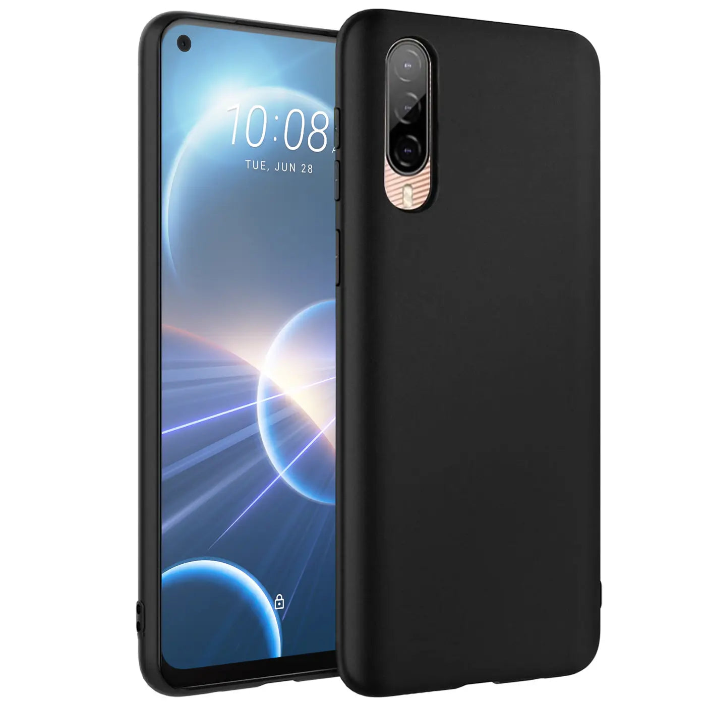 Schwarze Slim Silikon Hülle auf HTC Desire 22 Pro, von vorne links gesehen.