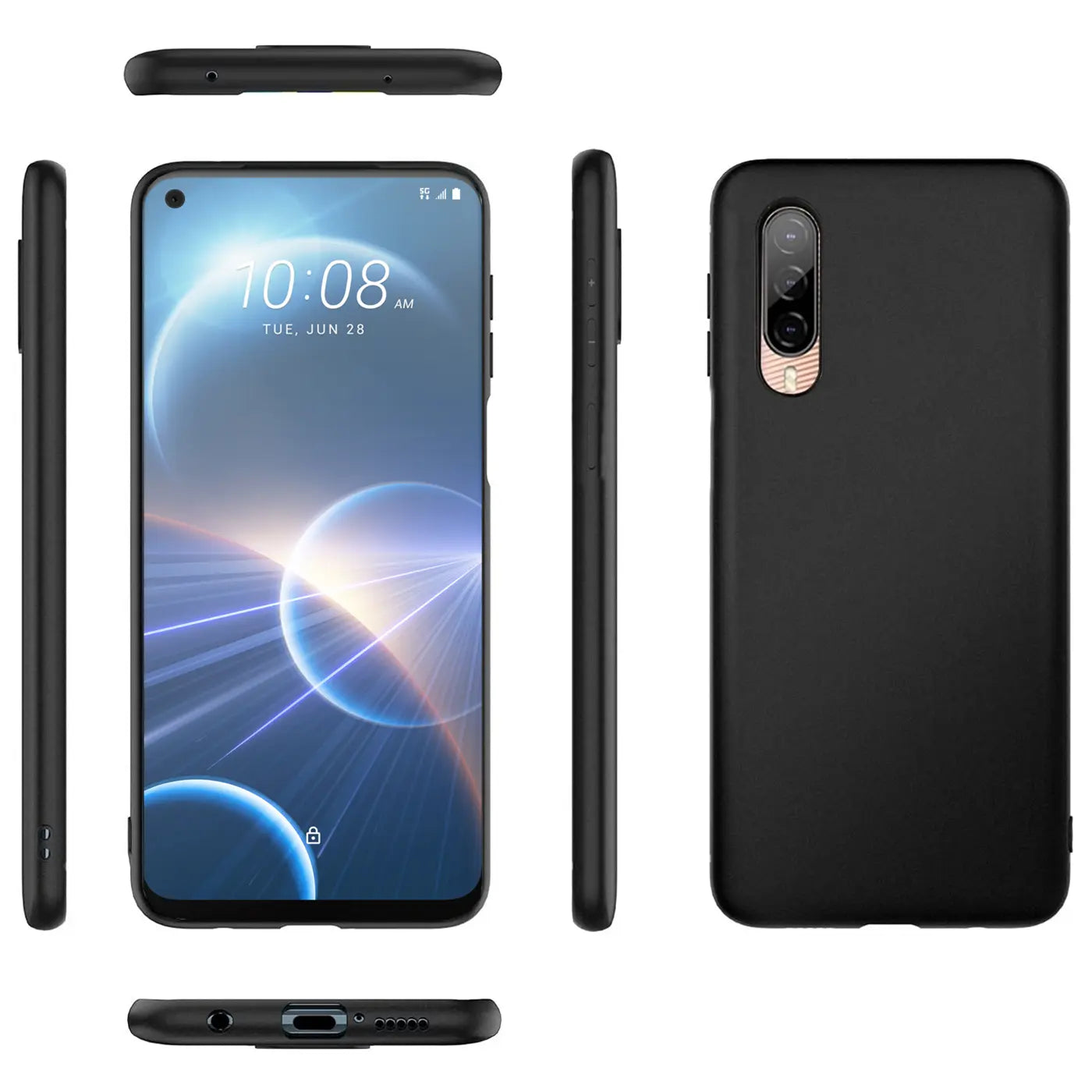 Schwarze Silikonhülle für HTC Desire 22 Pro, Ansichten von vorne, hinten, Seite, oben, unten.