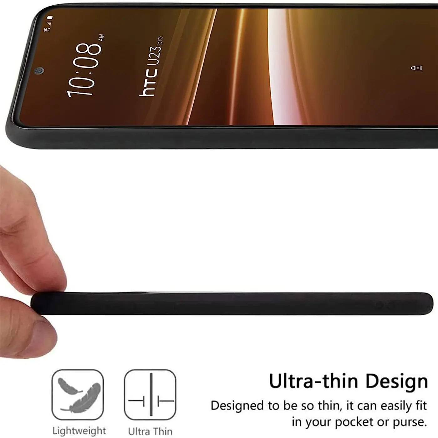 Schwarze, matte Silikonhülle für HTC U23 Pro, Seitenansicht, von oben gezeigt.