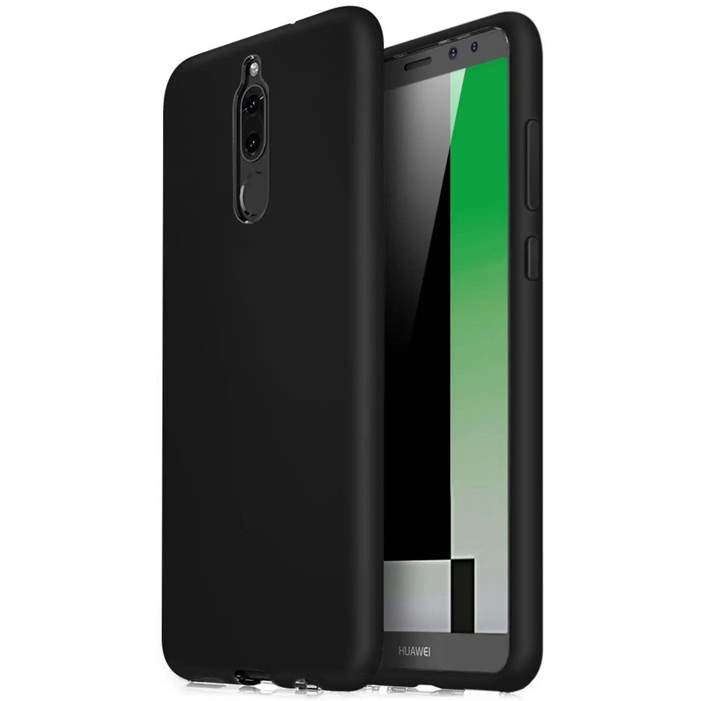 Schwarze Silikonhülle für Huawei Mate 10 Lite, von vorne links, matt.