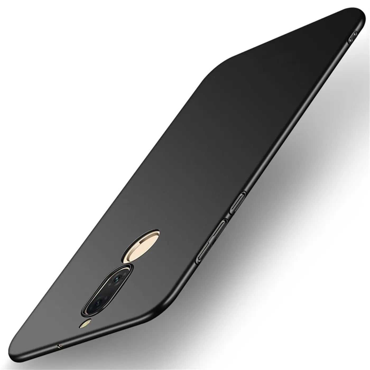 Schwarze, matte Silikonhülle für Huawei Mate 10 Lite, von schräg oben fotografiert.