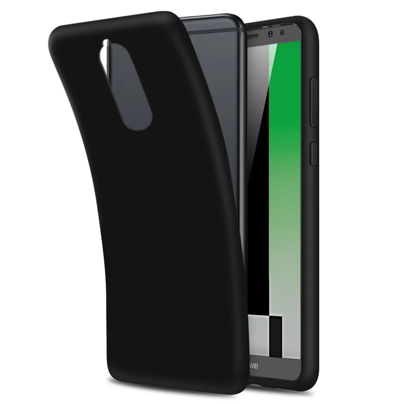 Schwarze Silikonhülle, matt, von vorne links, zeigt Huawei Mate 10 Lite.