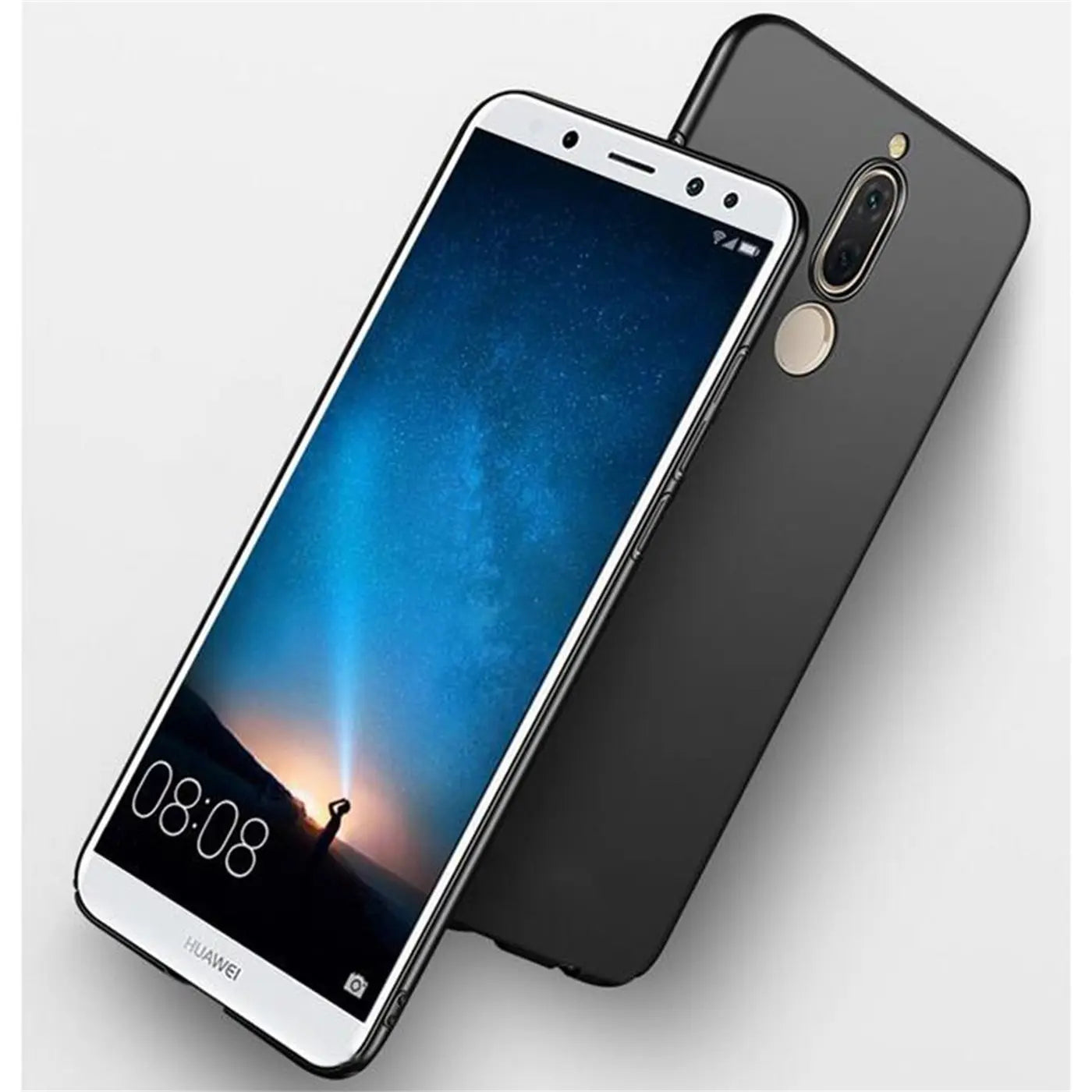 Schwarze matte Silikonhülle liegt hinter einem Huawei Mate 10 Lite.