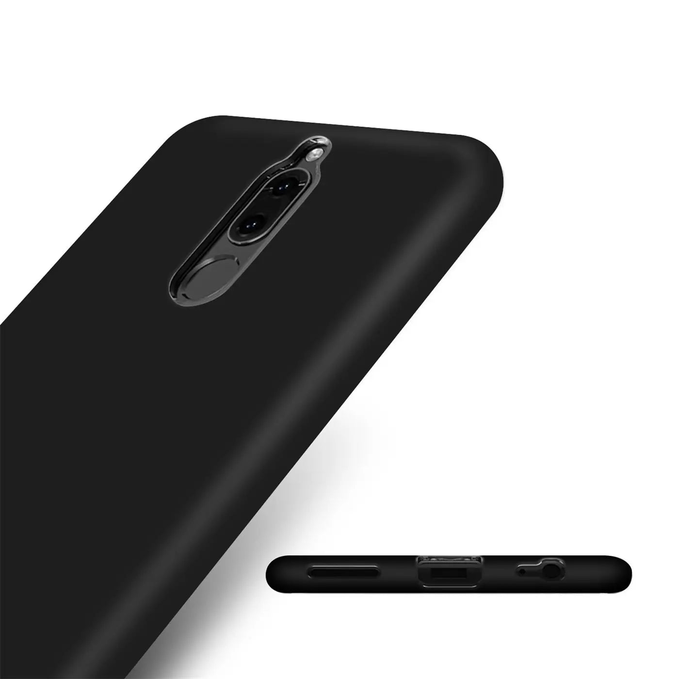 Schwarze Silikonhülle, Rückseite und Unterseite sichtbar, für Huawei Mate 10 Lite.