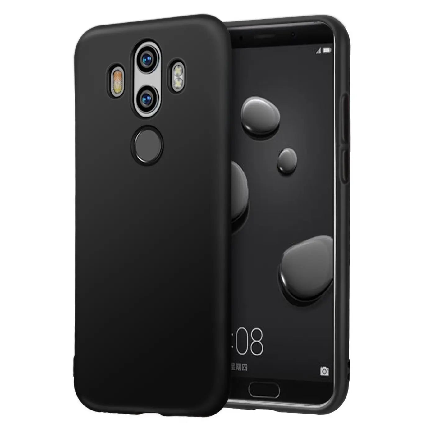 Schwarze Silikonhülle, matt, von vorne/leicht schräg, Huawei Mate 10 Pro.