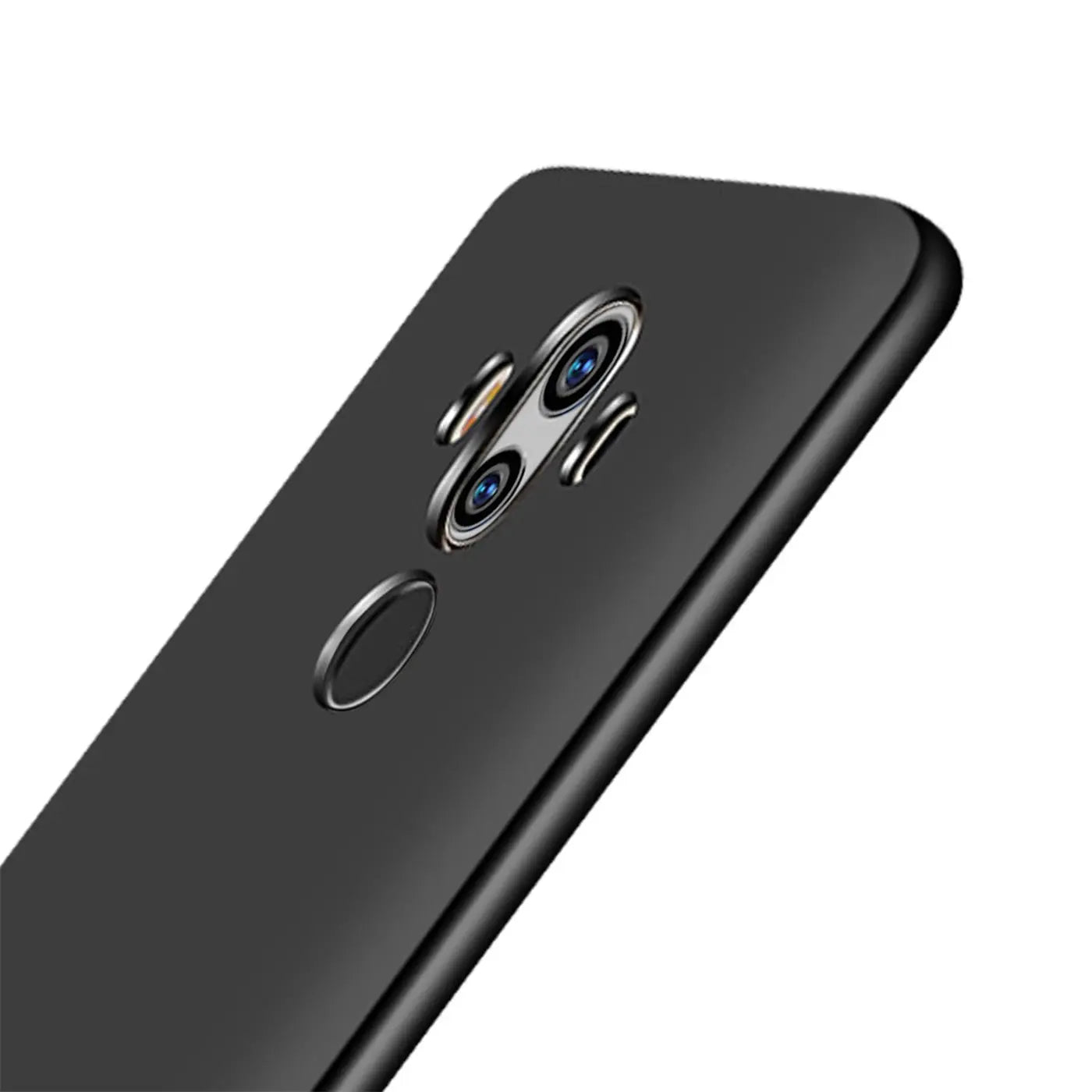 Schwarze Silikonhülle, Rückseite Huawei Mate 10 Pro, von oben rechts gesehen.