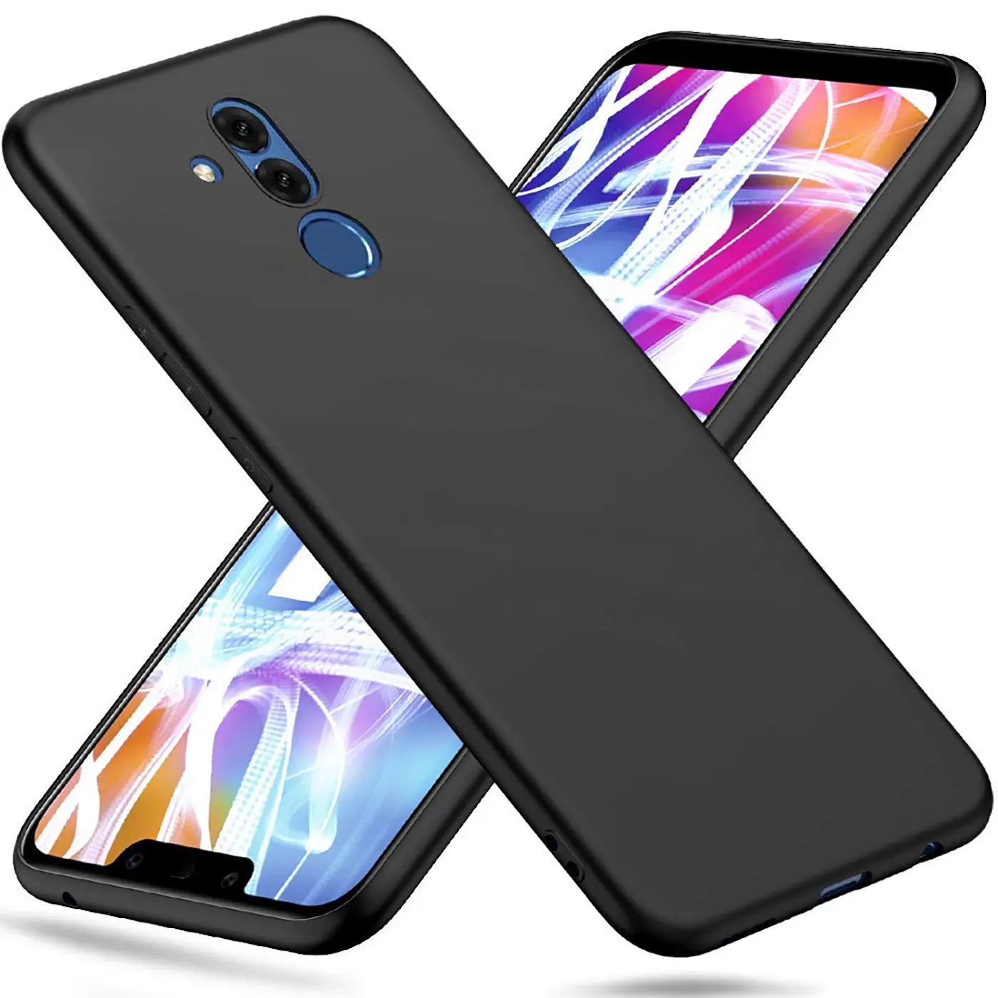 Schwarze Silikonhülle, matt, von oben/schräg, zeigt Huawei Mate 20 Lite.