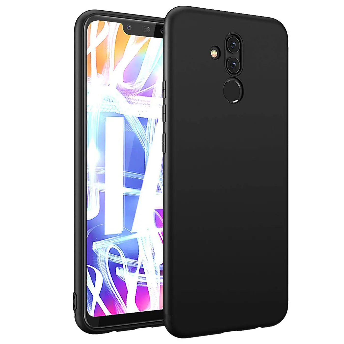 Schwarze Silikonhülle mit mattem Finish, von schräg vorne auf einem Huawei Mate 20 Lite.