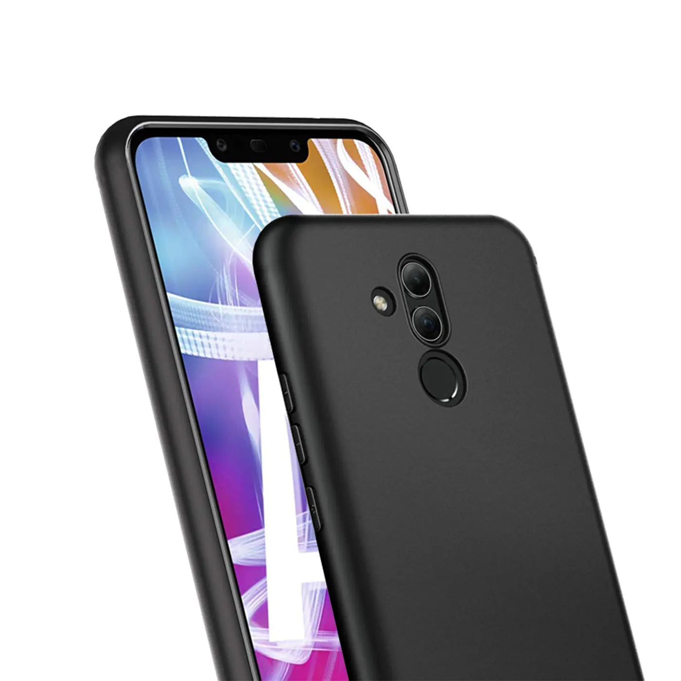 Schwarze matte Silikonhülle auf Huawei Mate 20 Lite, von hinten und schräg.