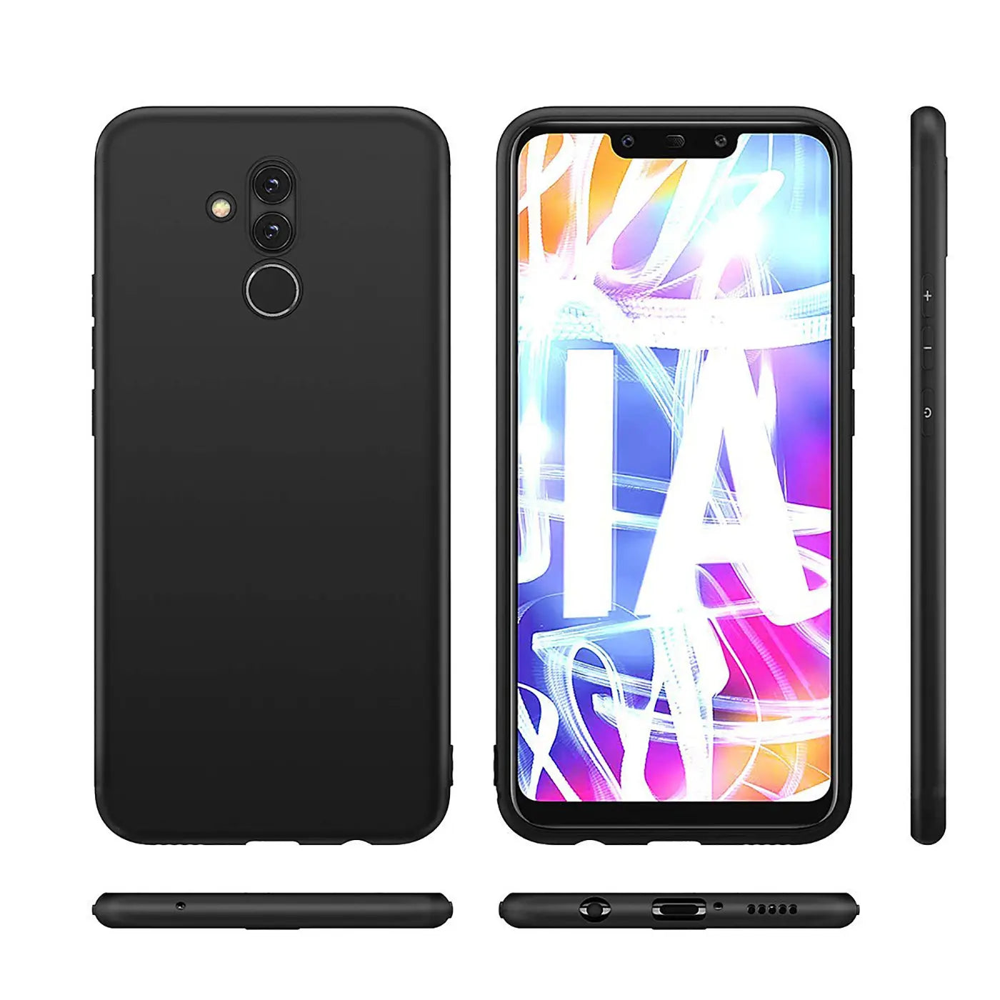 Schwarze Silikonhülle für Huawei Mate 20 Lite, Rückseite, Vorderseite, Seitenansicht.