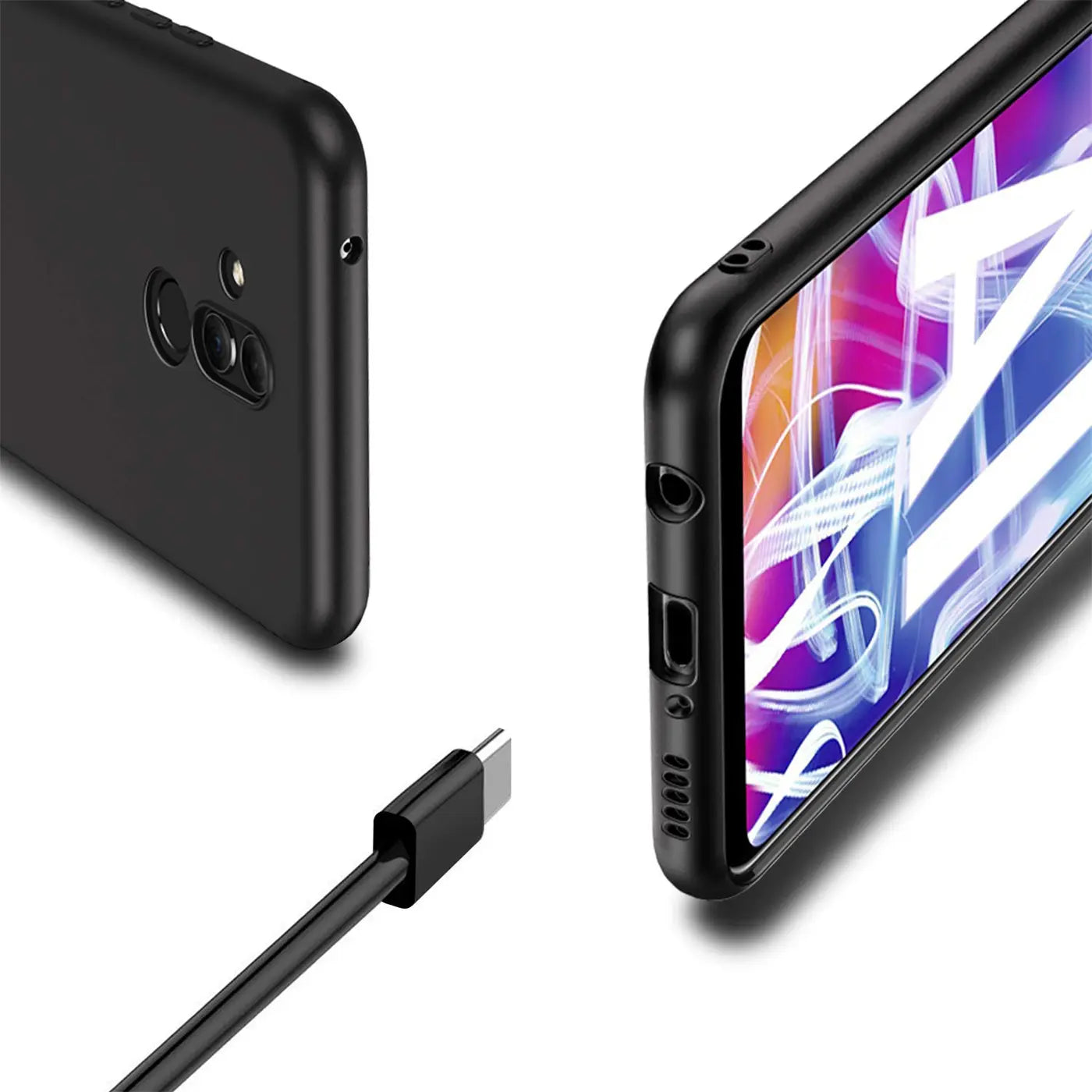Schwarze Silikonhülle für Huawei Mate 20 Lite, von links und rechts gezeigt, mit USB-C-Kabel.