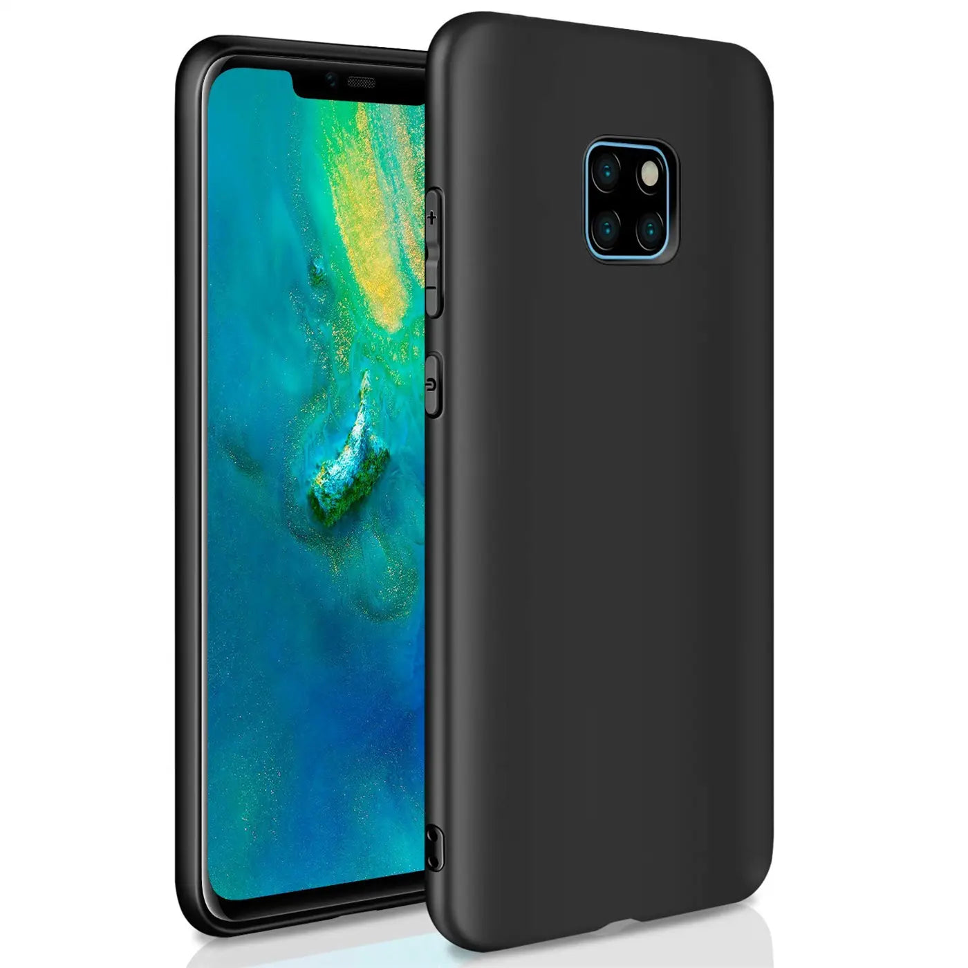Schwarze, matte Silikonhülle für Huawei Mate 20 Pro, von schräg vorne gezeigt.