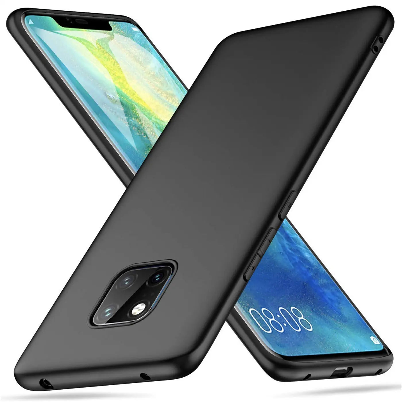 Schwarze Silikonhülle, matt, schräg von oben, zeigt Huawei Mate 20 Pro Rückseite und Display.