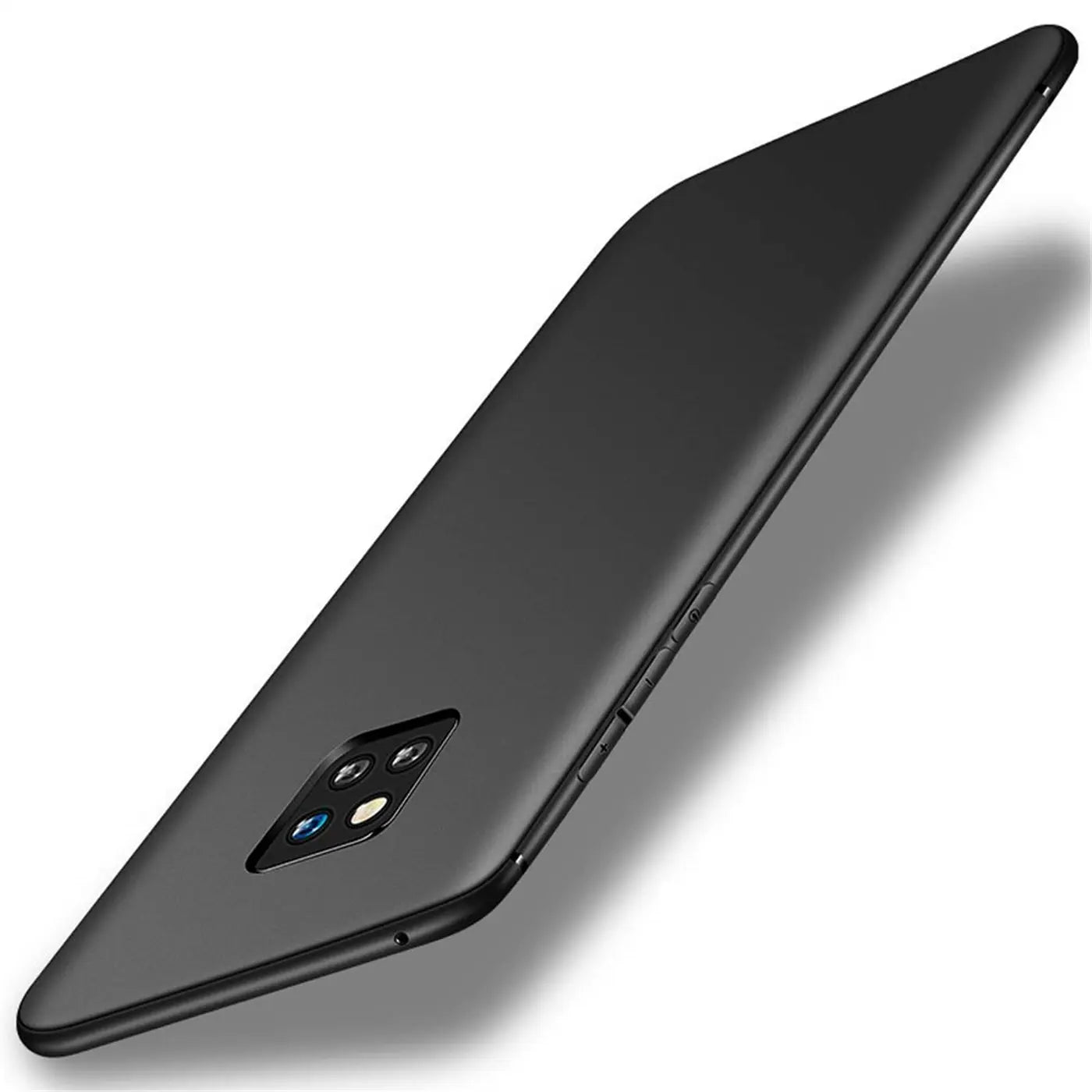 Schwarze, matte Silikonhülle für Huawei Mate 20 Pro, von schräg oben fotografiert.