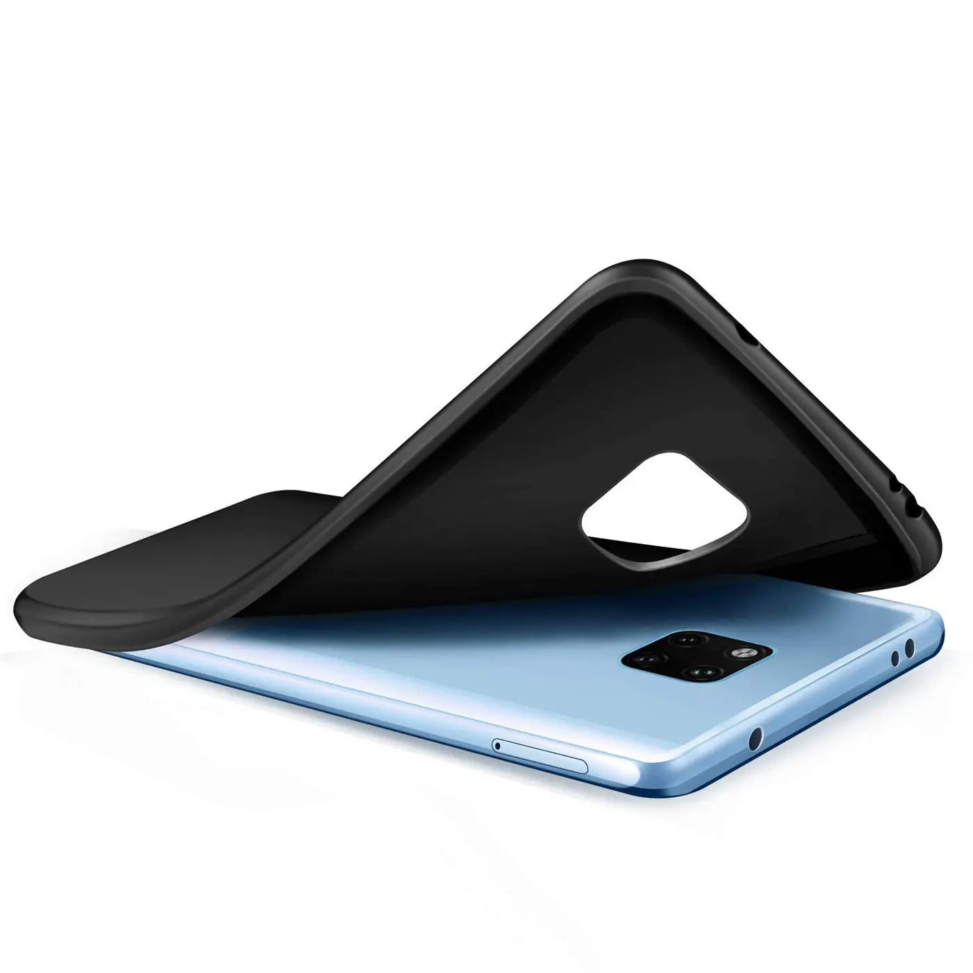 Schwarze Silikonhülle wird auf hellblaues Huawei Mate 20 Pro gelegt, Seitenansicht.