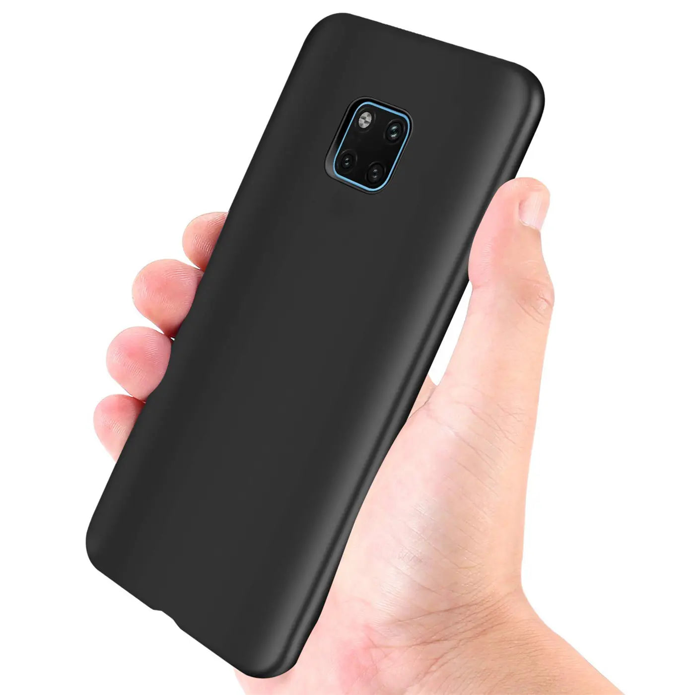 Schwarze Silikonhülle matt, von vorne links gehalten, zeigt Huawei Mate 20 Pro Kamera.