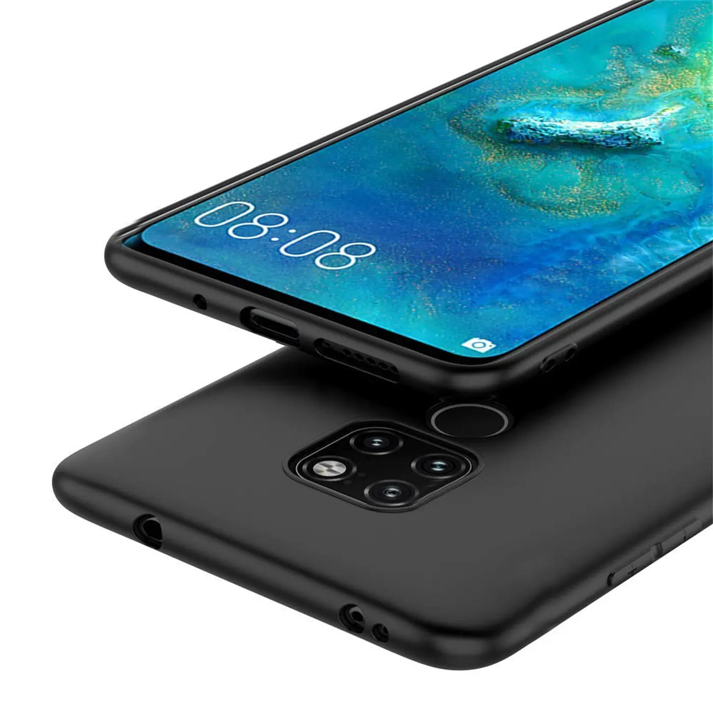 Schwarze matte Silikonhülle für Huawei Mate 20, von schräg oben fotografiert.