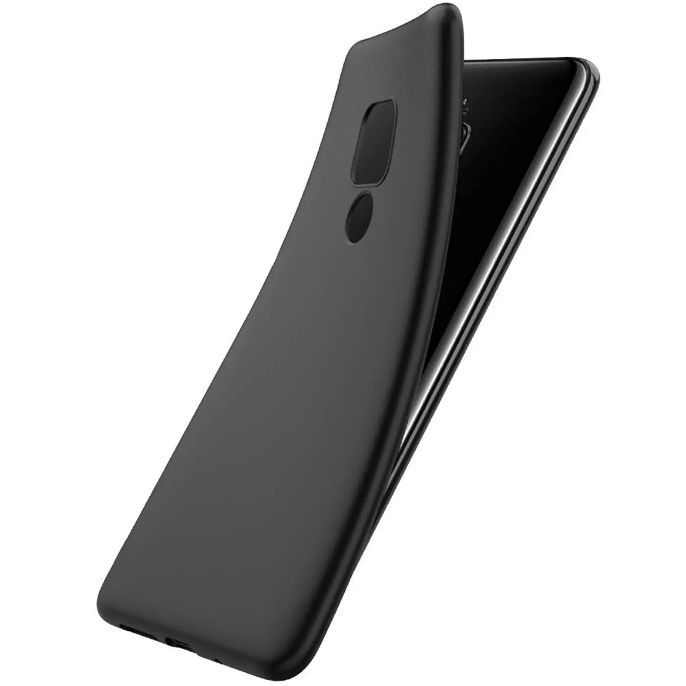 Schwarze, matte Silikonhülle für Huawei Mate 20, von schräg oben