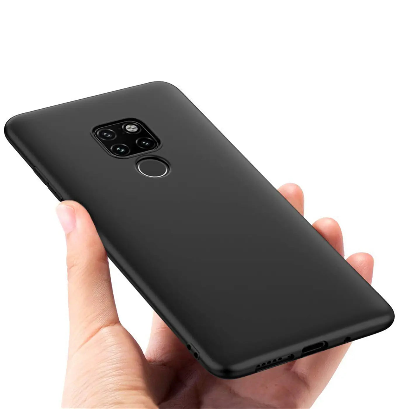 Schwarze matte Silikonhülle für Huawei Mate 20, von schräg oben gehalten.