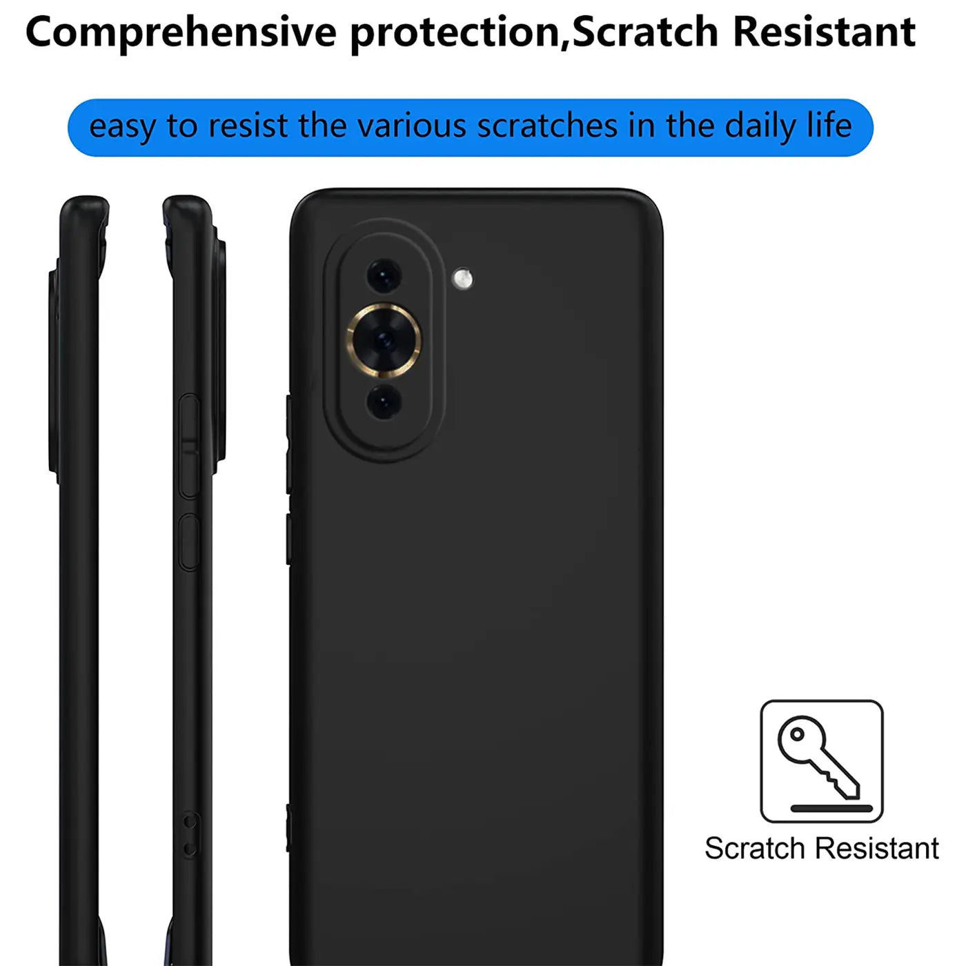 Schwarze Silikonhülle für Huawei Nova 10 Pro, Rückansicht und Seitenansicht.