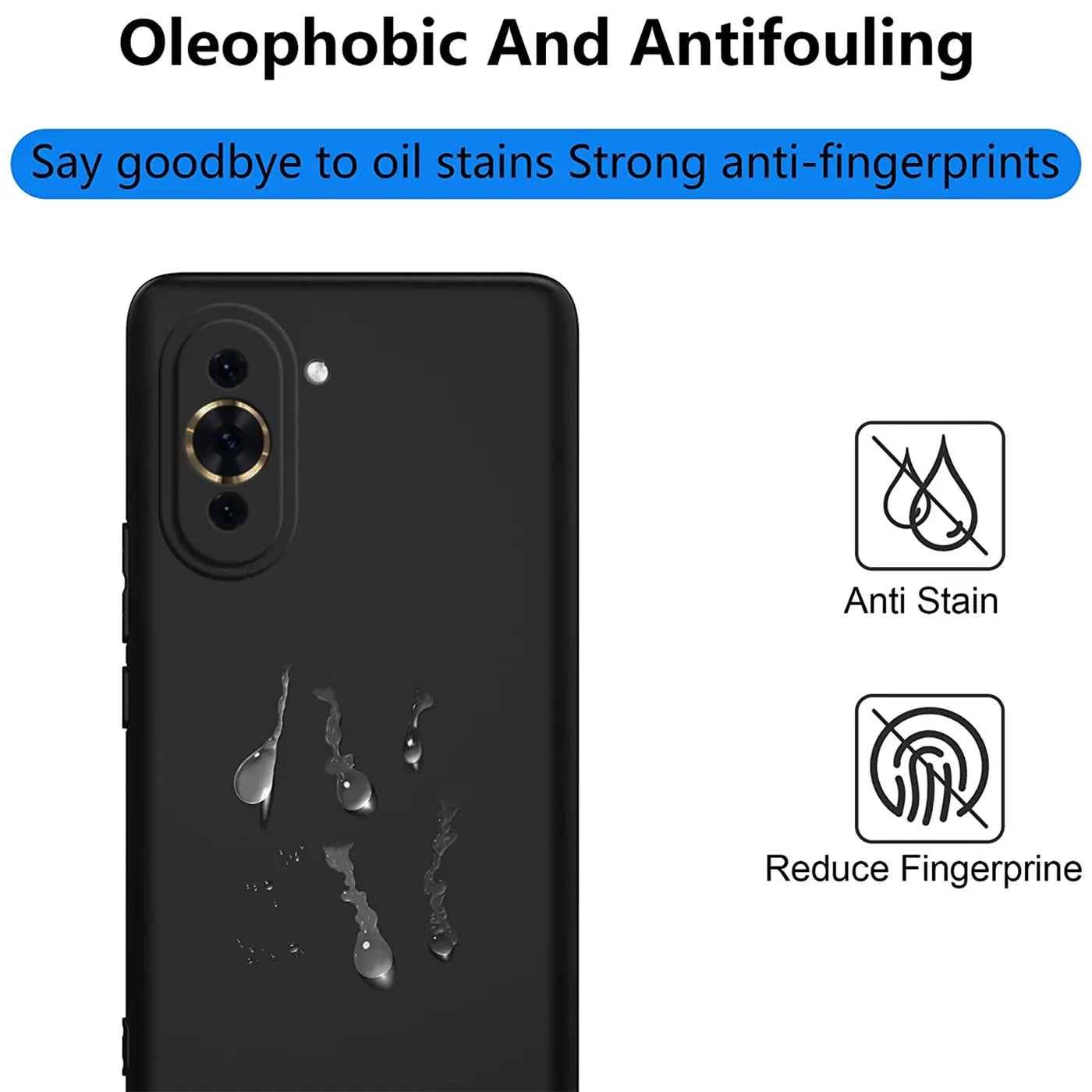 Schwarze Silikonhülle matt, Rückseite Huawei Nova 10 Pro, Wassertropfen, Fingerabdrücke.