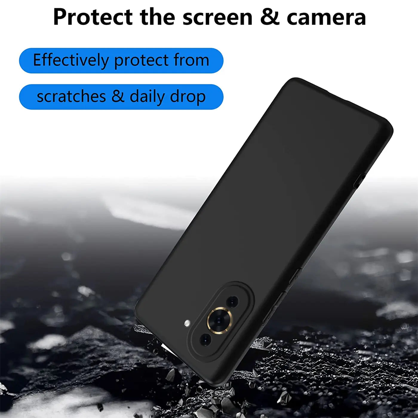 Schwarze Silikonhülle für Huawei Nova 10 Pro, von schräg oben gesehen.