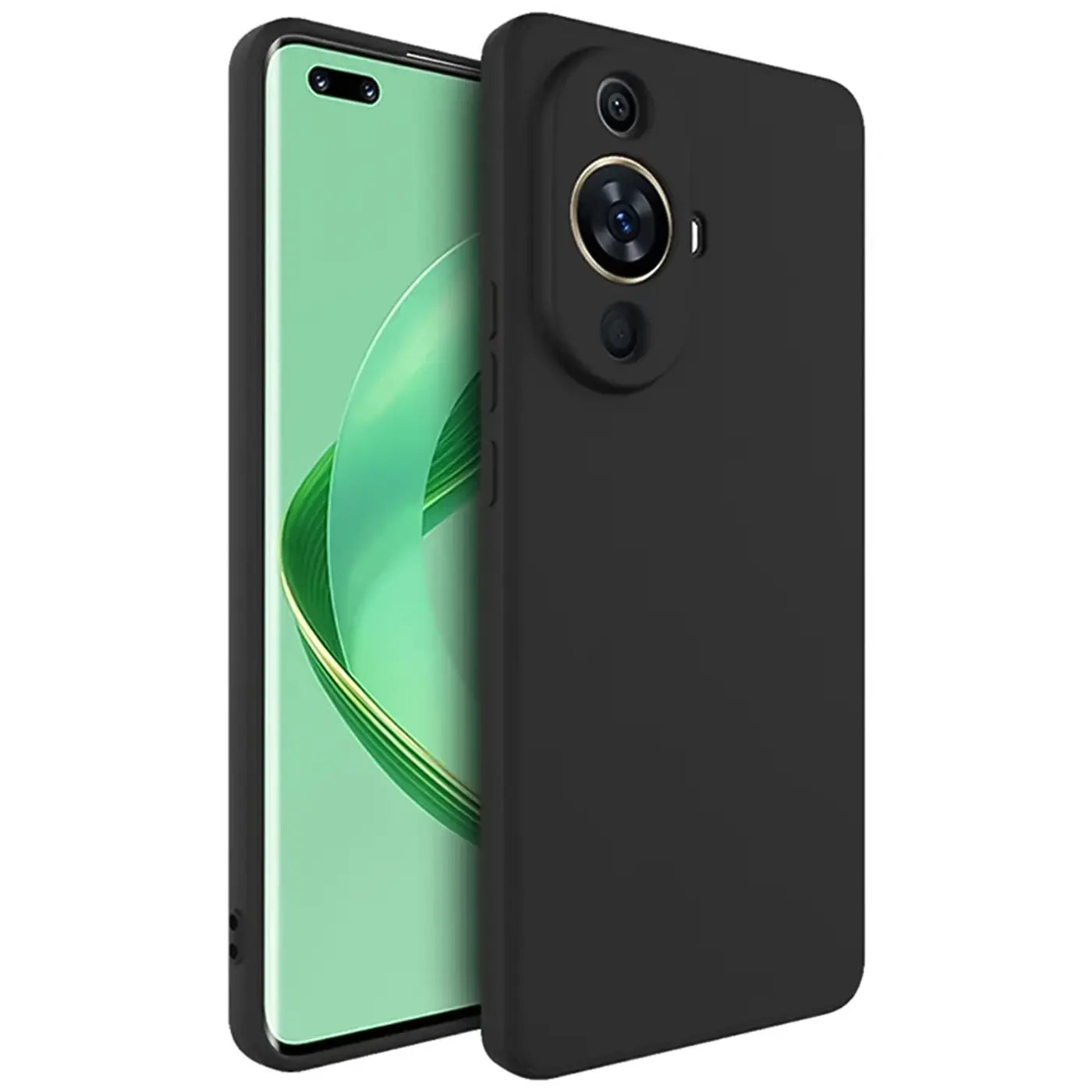 Schwarze Silikonhülle matt auf Huawei Nova 11 Pro, Rückansicht.
