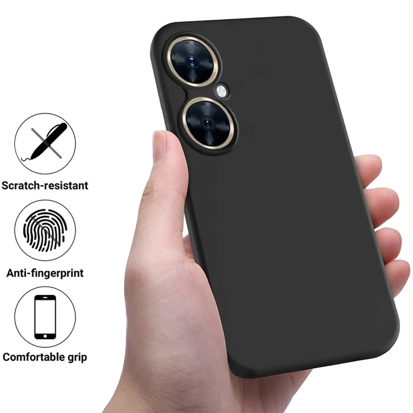 Schwarze Silikonhülle für Huawei Nova 11 i, von vorne gehalten, matt.