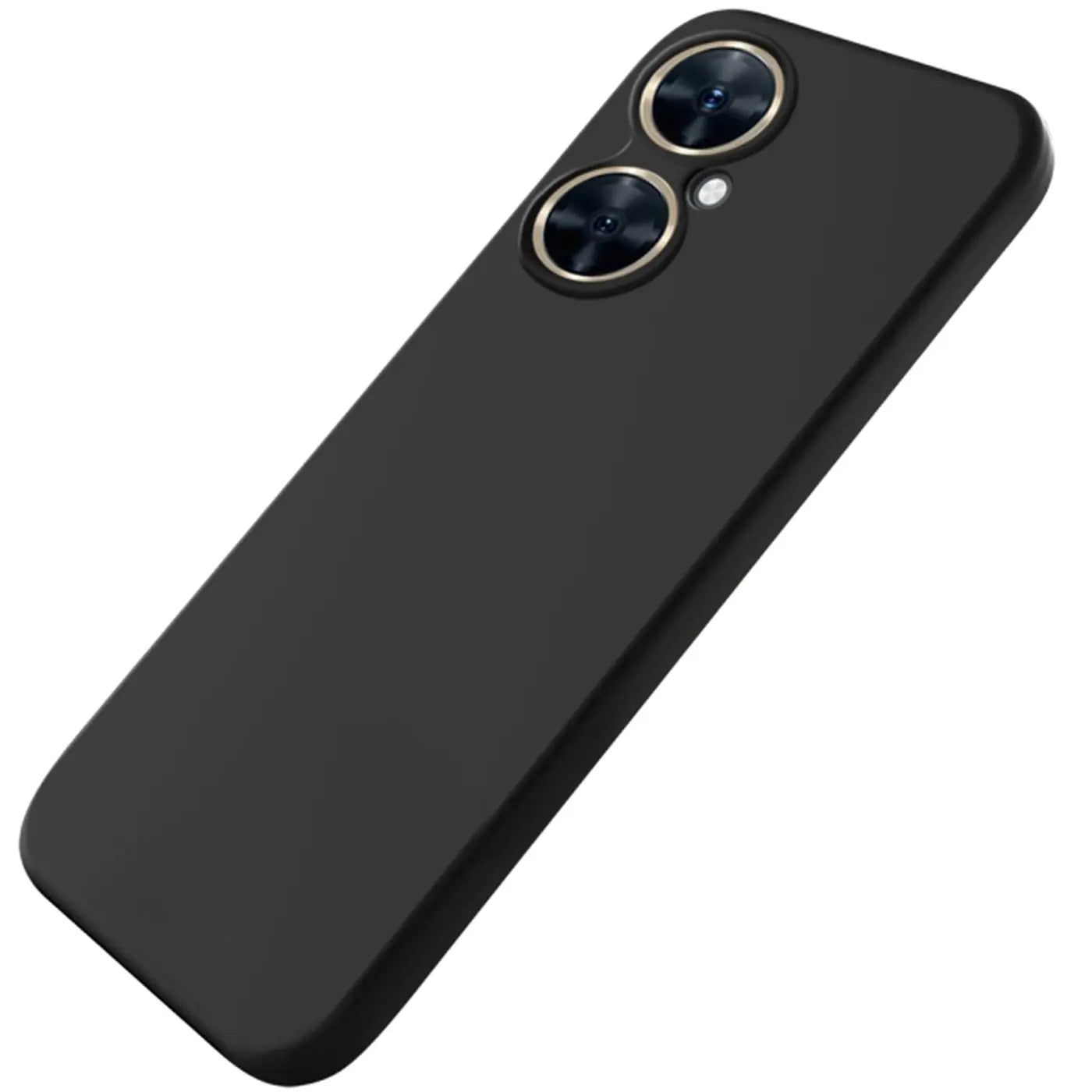 Schwarze Silikonhülle mit mattem Finish, von oben rechts gesehen, auf einem Huawei Nova 11 i.