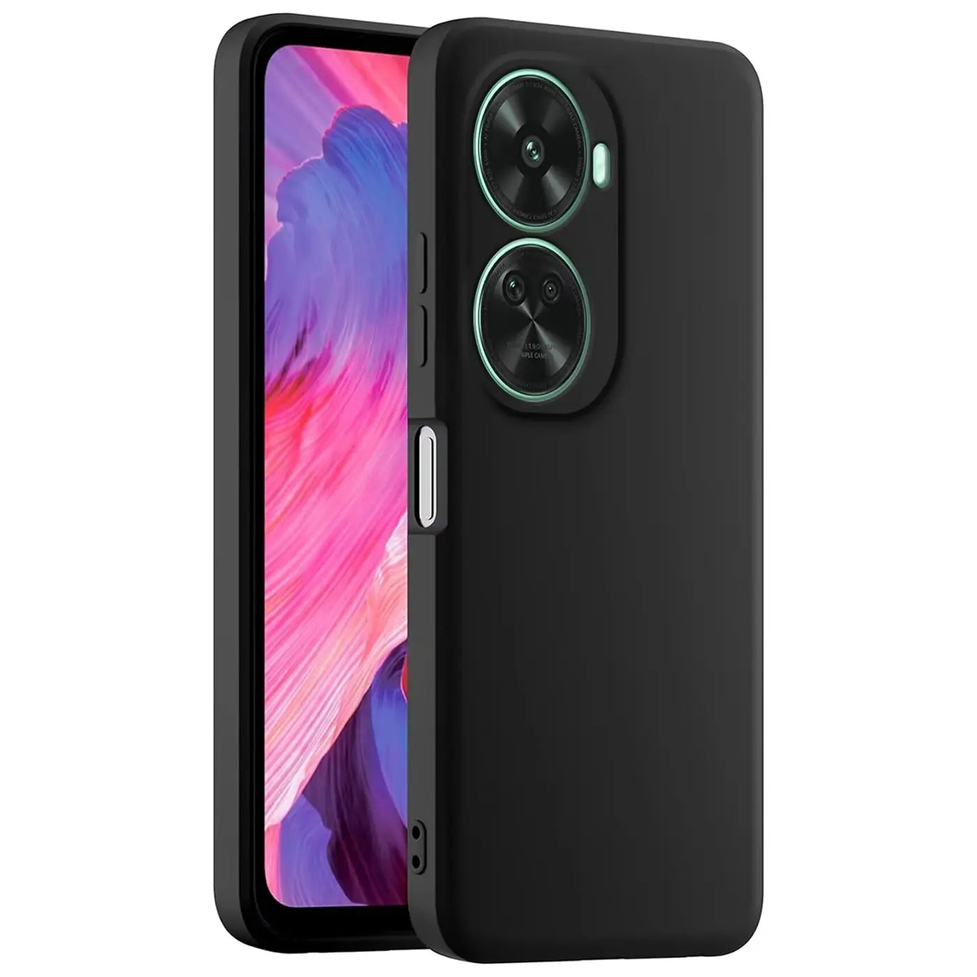 Schwarze matte Silikonhülle für Huawei Nova 12 SE, von vorne links gezeigt, mit Kamera-Ausschnitt.