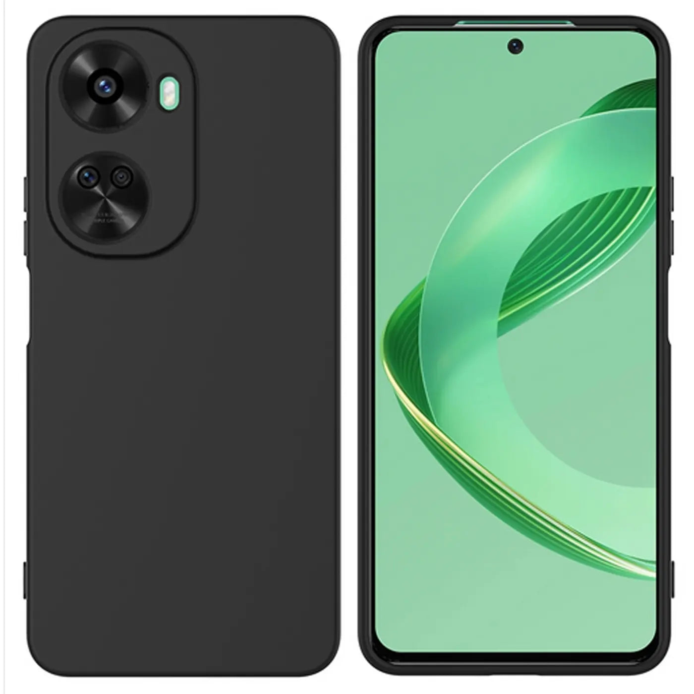 Schwarze Silikonhülle, Rückseite und Vorderseite eines Huawei Nova 12 SE.