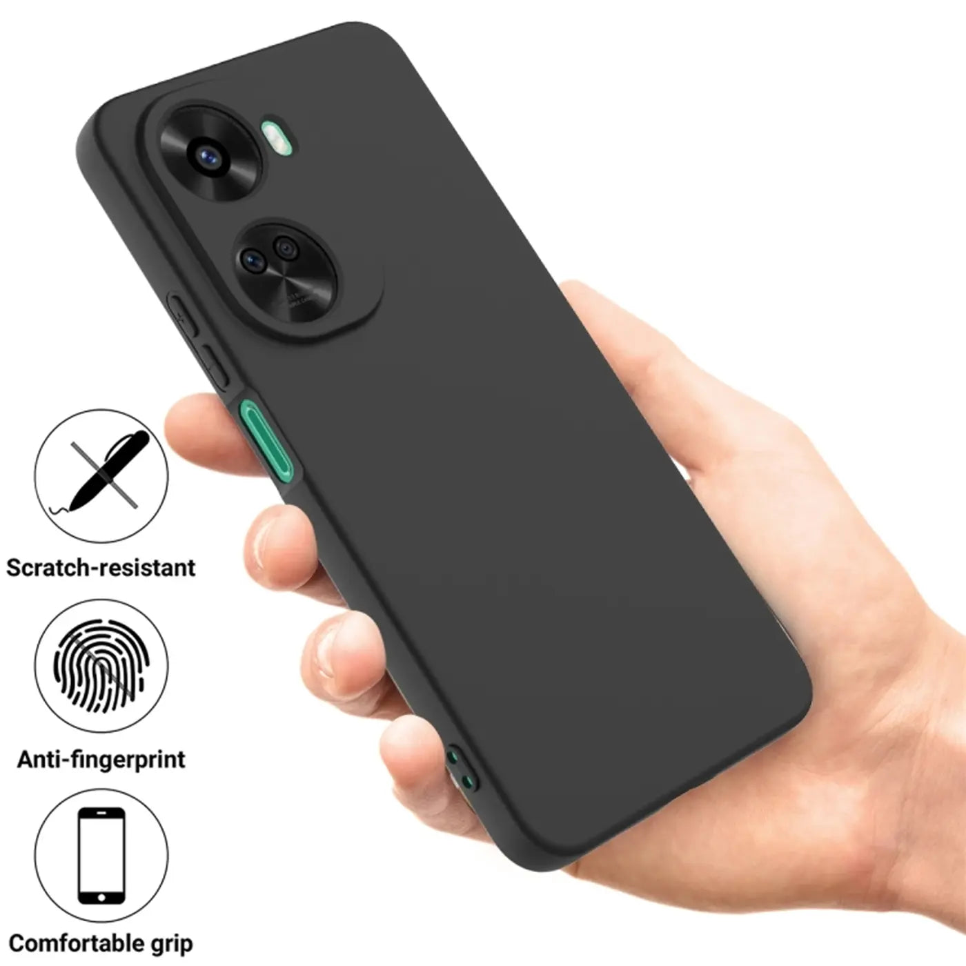 Schwarze matte Silikonhülle für Huawei Nova 12 SE, von Hand gehalten, Rückansicht.