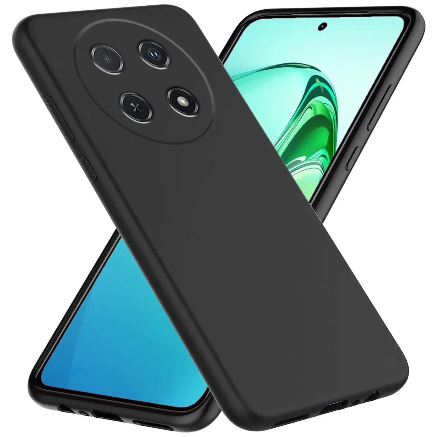 Schwarze, matte Silikonhülle für Huawei Nova 12i, von schräg oben, Rückseite und Display sichtbar.