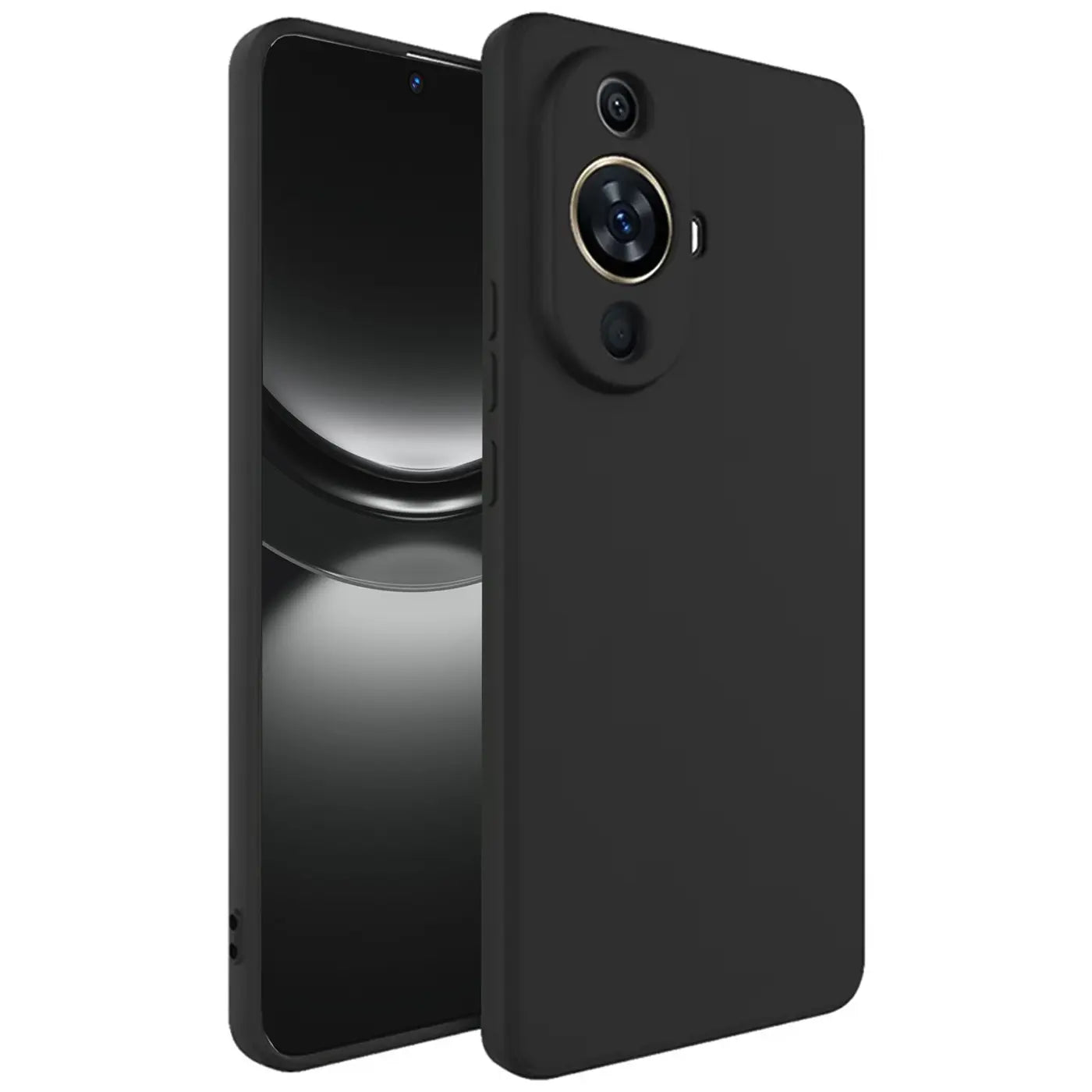 Schwarze Silikonhülle auf Huawei Nova 12S, Rückansicht, matt.