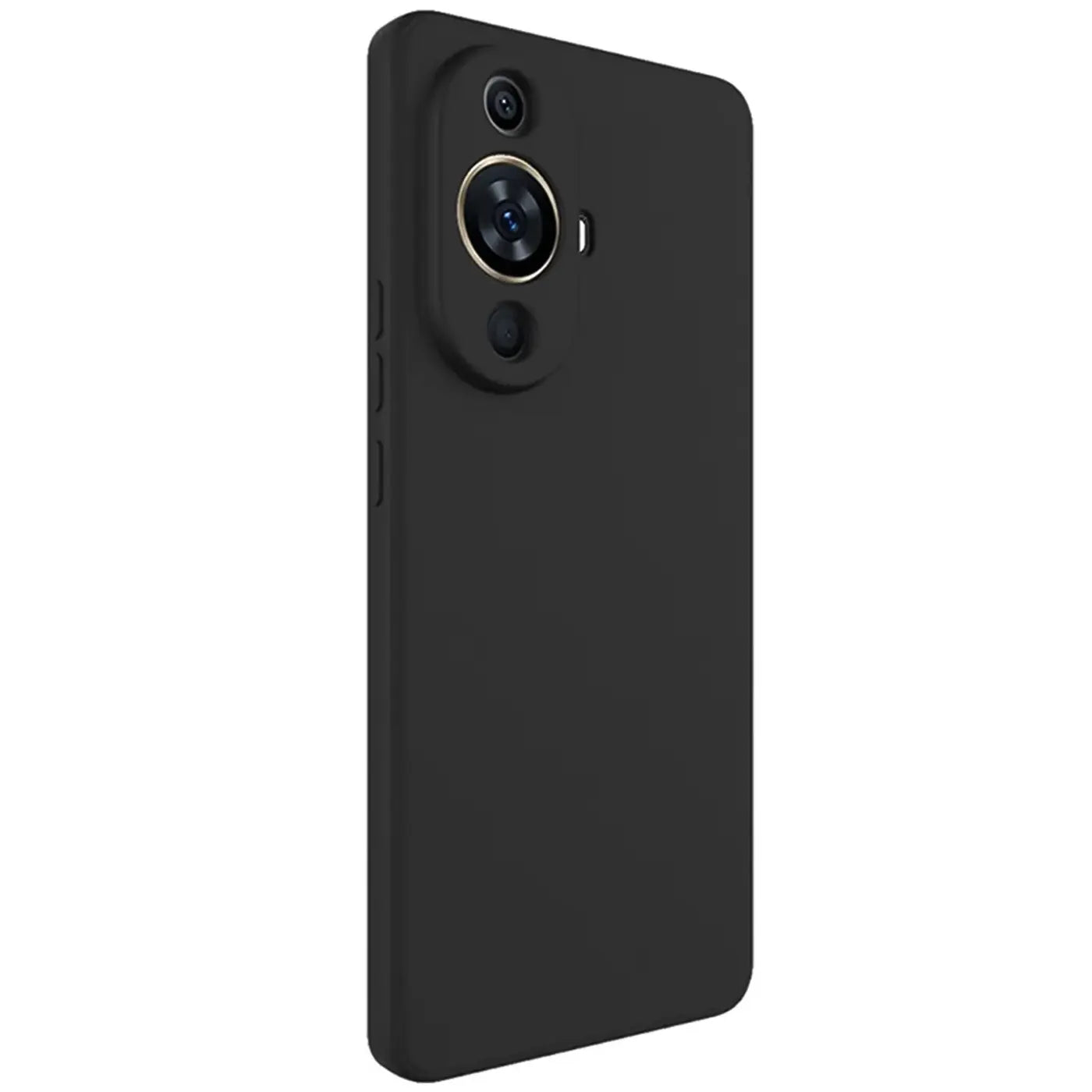 Schwarze, matte Silikonhülle für Huawei Nova 12S, Rückansicht von schräg oben.