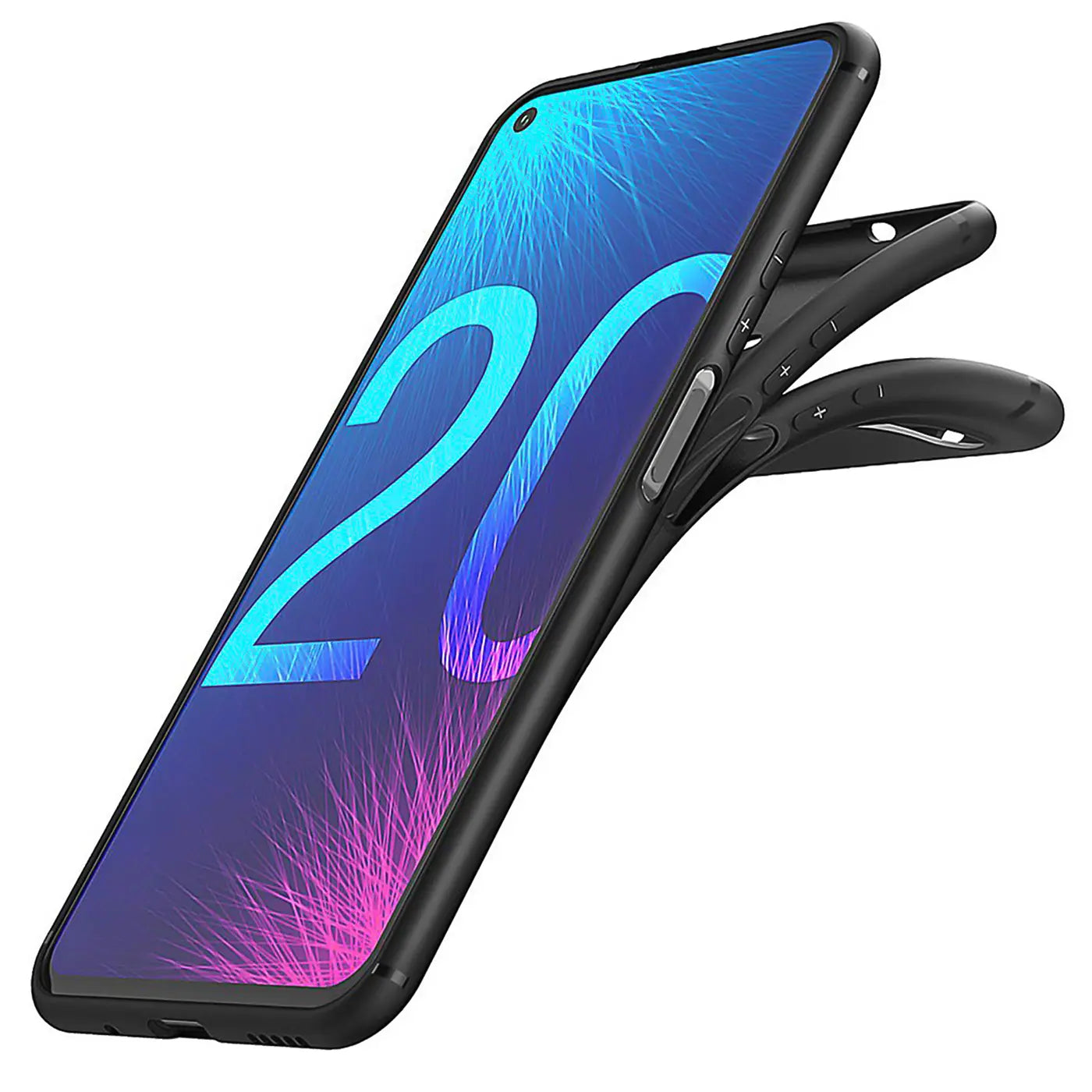 Schwarze matte Silikonhülle, von schräg oben, zeigt Huawei Nova 5T mit "20" auf dem Display.