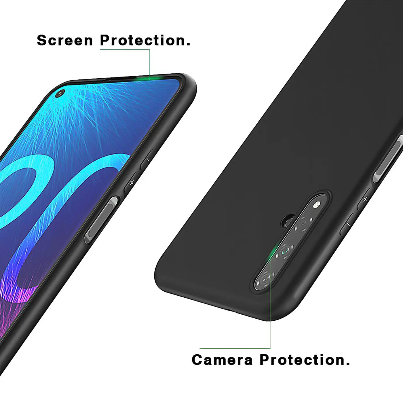 Schwarze Silikonhülle auf Huawei Nova 5T, Seitenansicht, Nahaufnahme.
