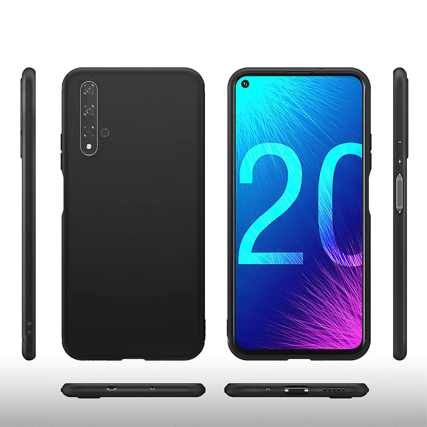 Schwarze matte Silikonhülle für Huawei Nova 5T, von vorne, hinten und den Seiten gezeigt.