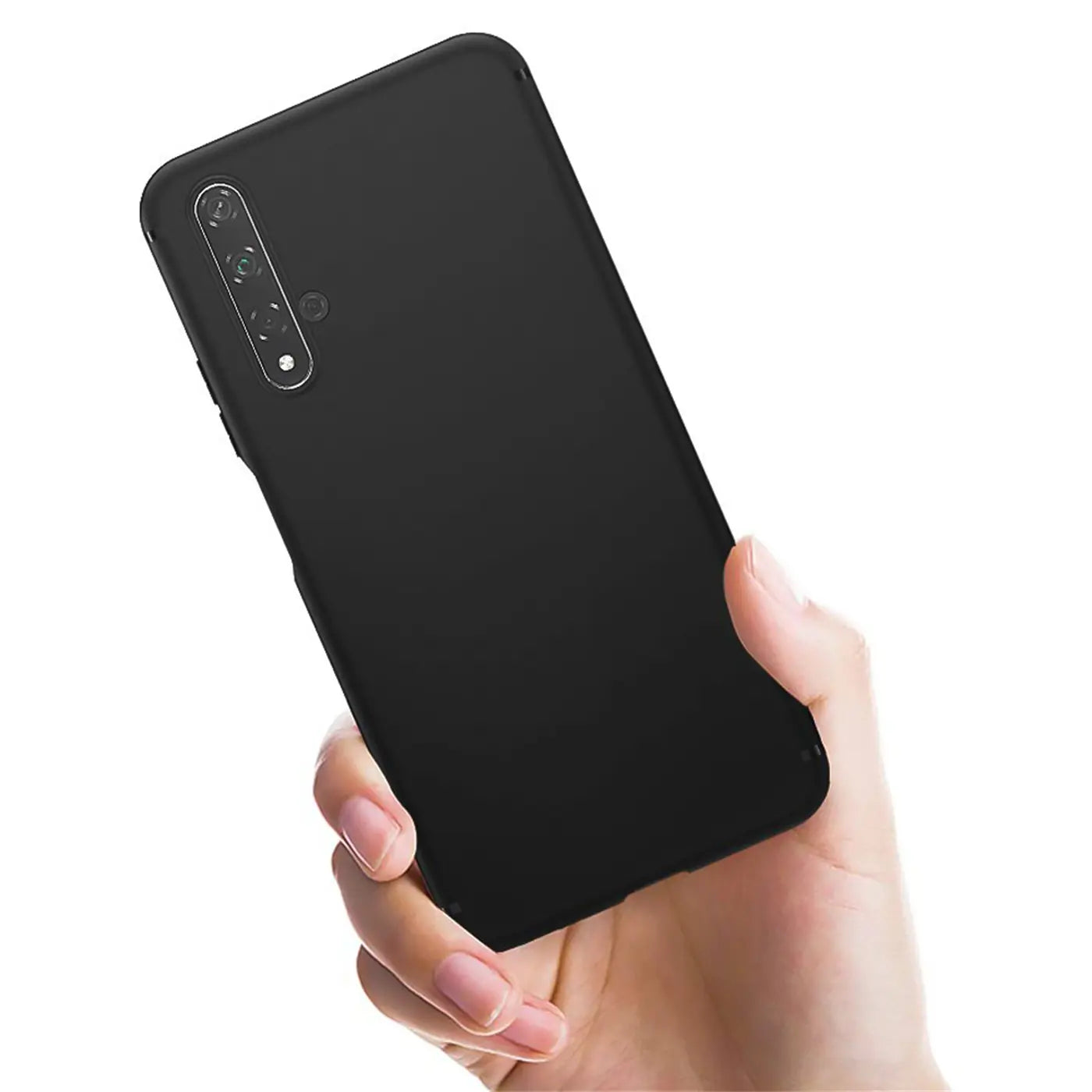 Schwarze Silikonhülle matt, von oben links auf Huawei Nova 5T gezeigt.