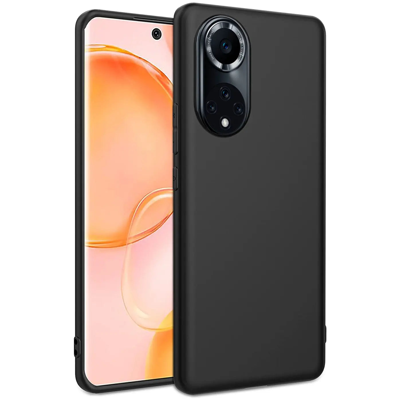Schwarze Silikonhülle matt, von vorne/leicht schräg, zeigt Huawei Nova 9 / Honor 50.