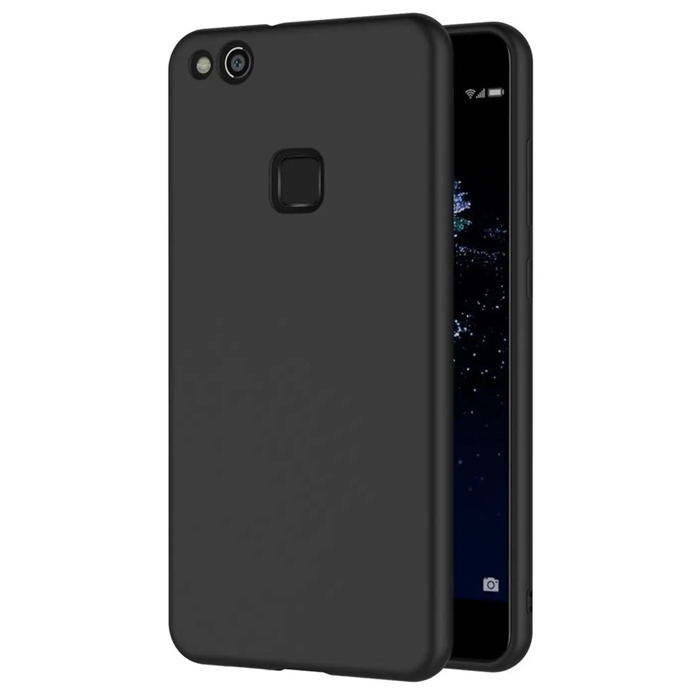 Schwarze Silikonhülle matt, Rückansicht, Huawei P10 Lite mit Fingerabdrucksensor.