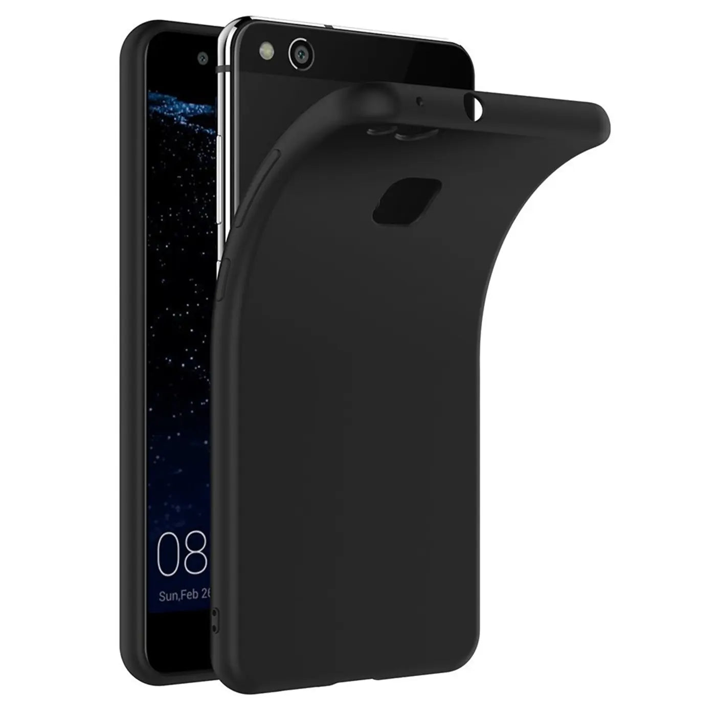 Schwarze Silikonhülle, matt, von schräg vorne, mit Huawei P10 Lite