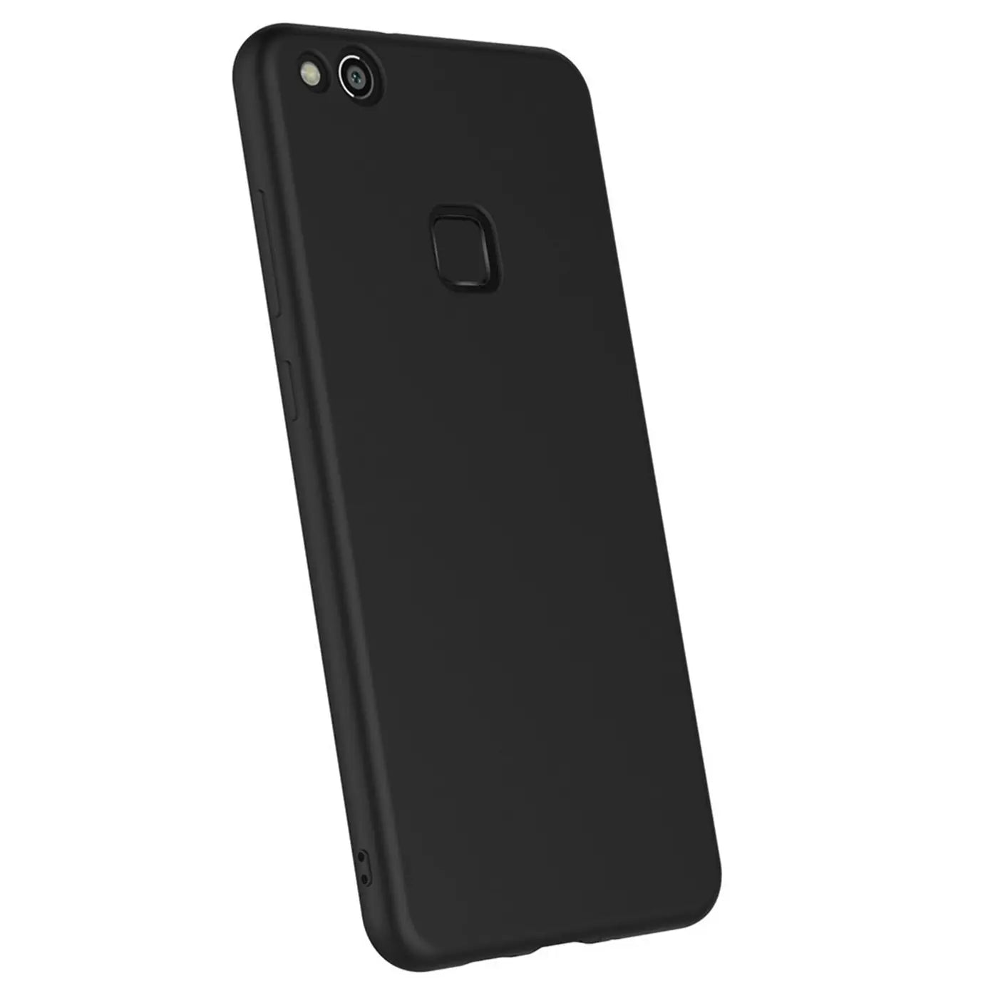 Schwarze, matte Silikonhülle für Huawei P10 Lite, von schräg hinten gesehen.