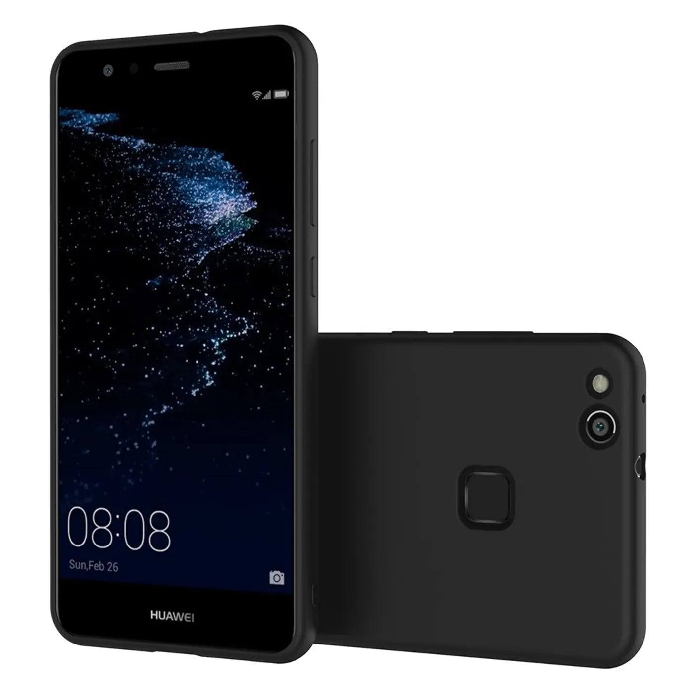 Schwarze Silikonhülle für Huawei P10 Lite, Vorder- und Rückansicht, matt